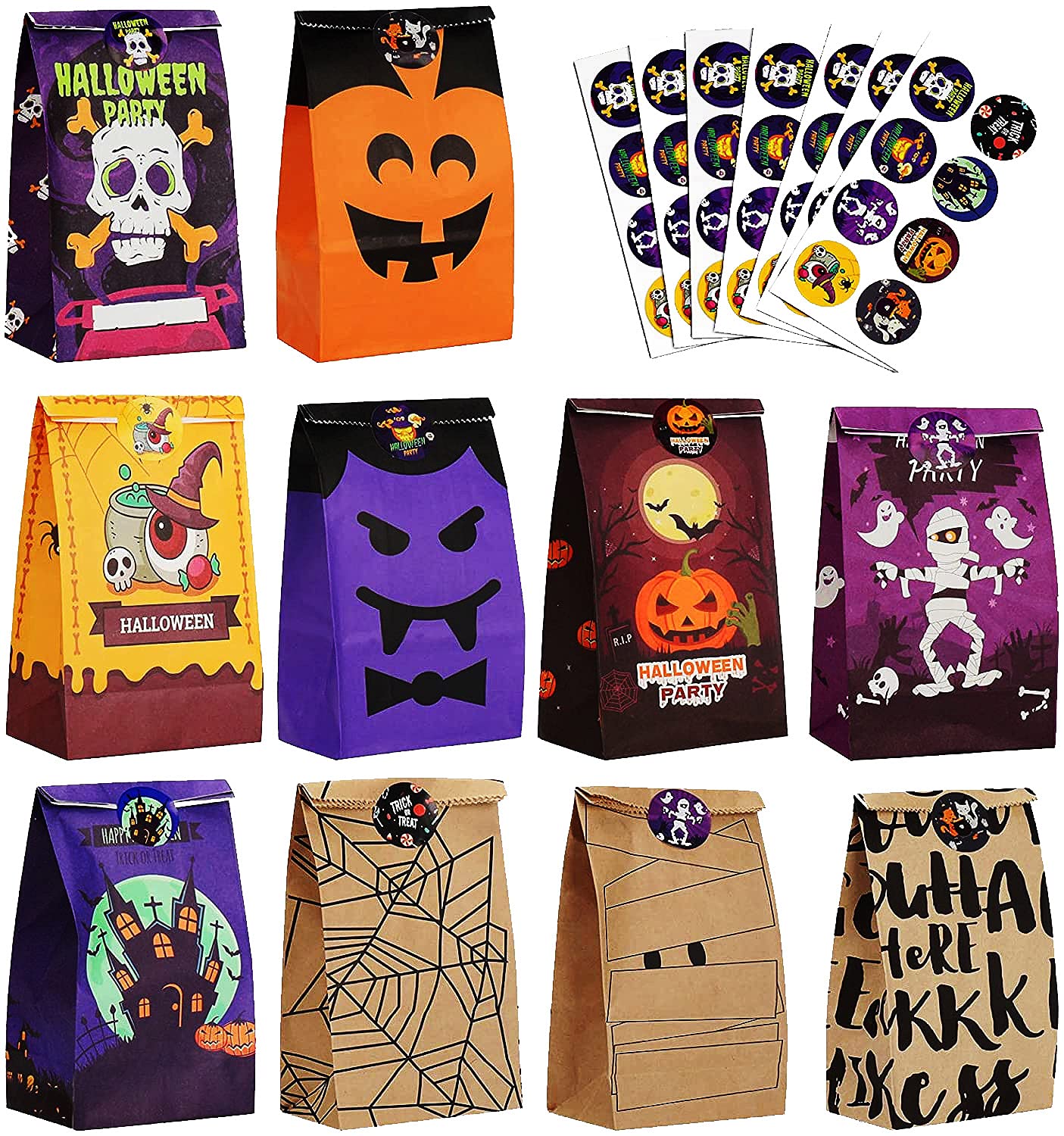 52 Pcs Halloween Treat Bags for Kids - Trick or Treat Candy Bags with 56 Pcs Halloween Stickers, Party Favors & Goodie Bags for Halloween Snacks - Perfect for Trick-or-Treating, Classroom Parties & Halloween Events