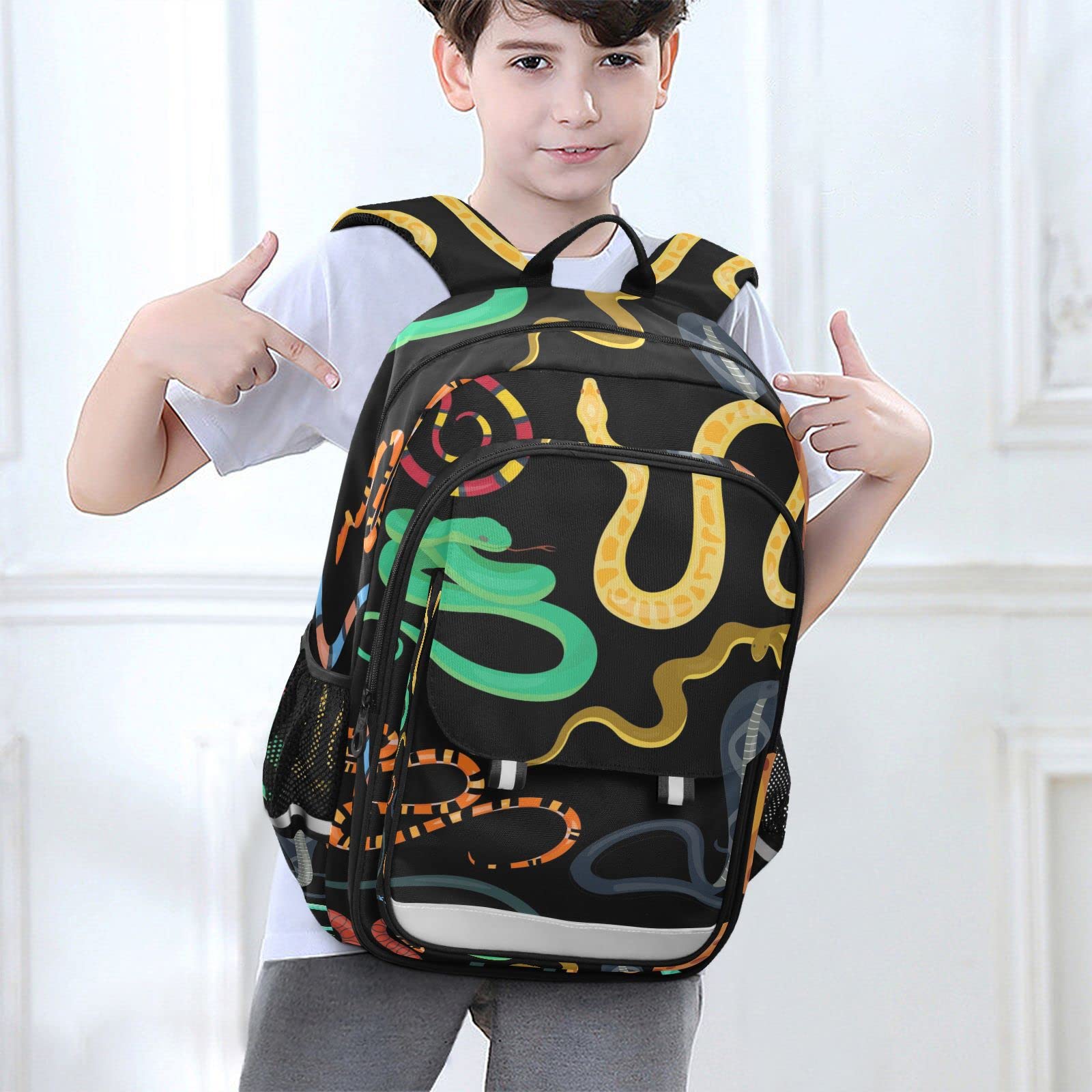 Lightweight Black Snake Print Laptop Backpack - Waterproof School Bag for Students, Travel & Work with Reflective Stripes - Perfect for College, Commuting & Outdoor Adventures