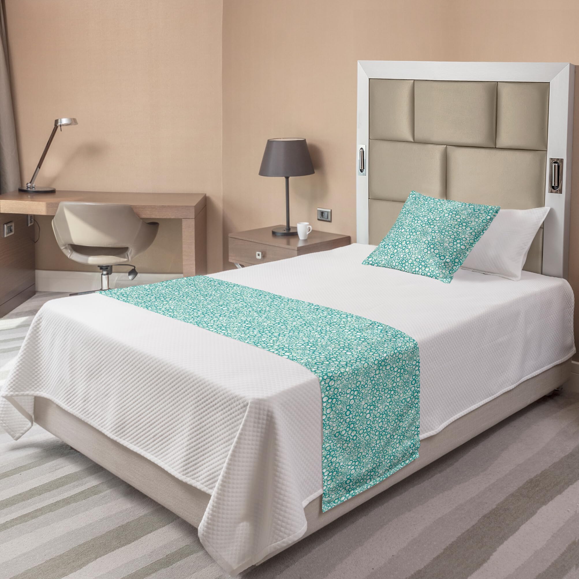 Ambesonne Abstract Bed Runner Set with Rhythmic Spring Bubbles Design - Twin Size Almond Green Seafoam Decorative Bed Scarf & Pillow Sham for Hotels, Homes & Guest Rooms | Perfect for Spring Bedroom Decor & Luxury Bedding Accents