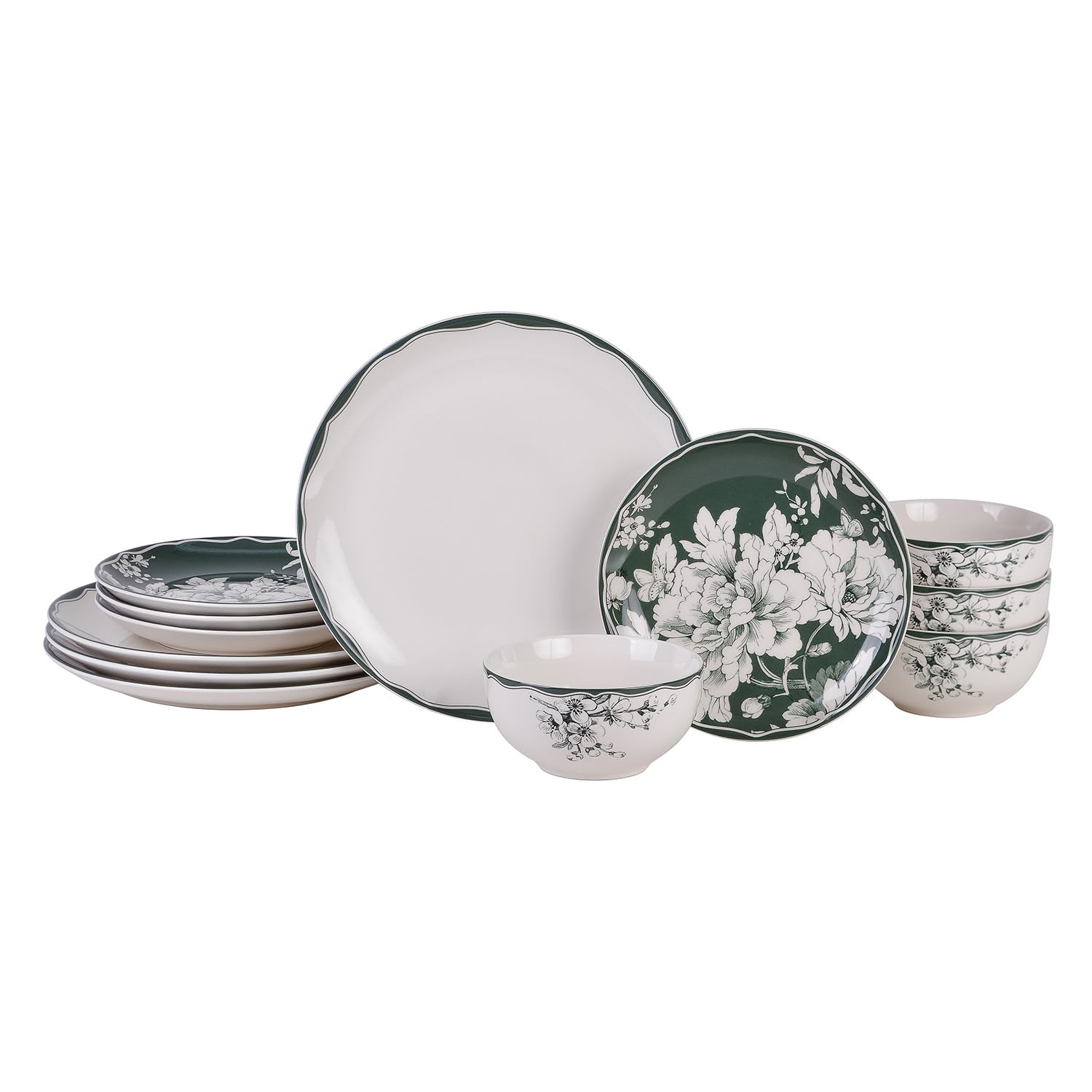 222 Fifth Brittany 12-Piece Sage Porcelain Dinnerware Set – Service for 4, Includes Dinner Plates, Salad Plates & Bowls, Lead-Free, Floral Design, Elegant Everyday Dining & Entertaining – Perfect for Family Meals, Dinner Parties & Holiday Gatherings