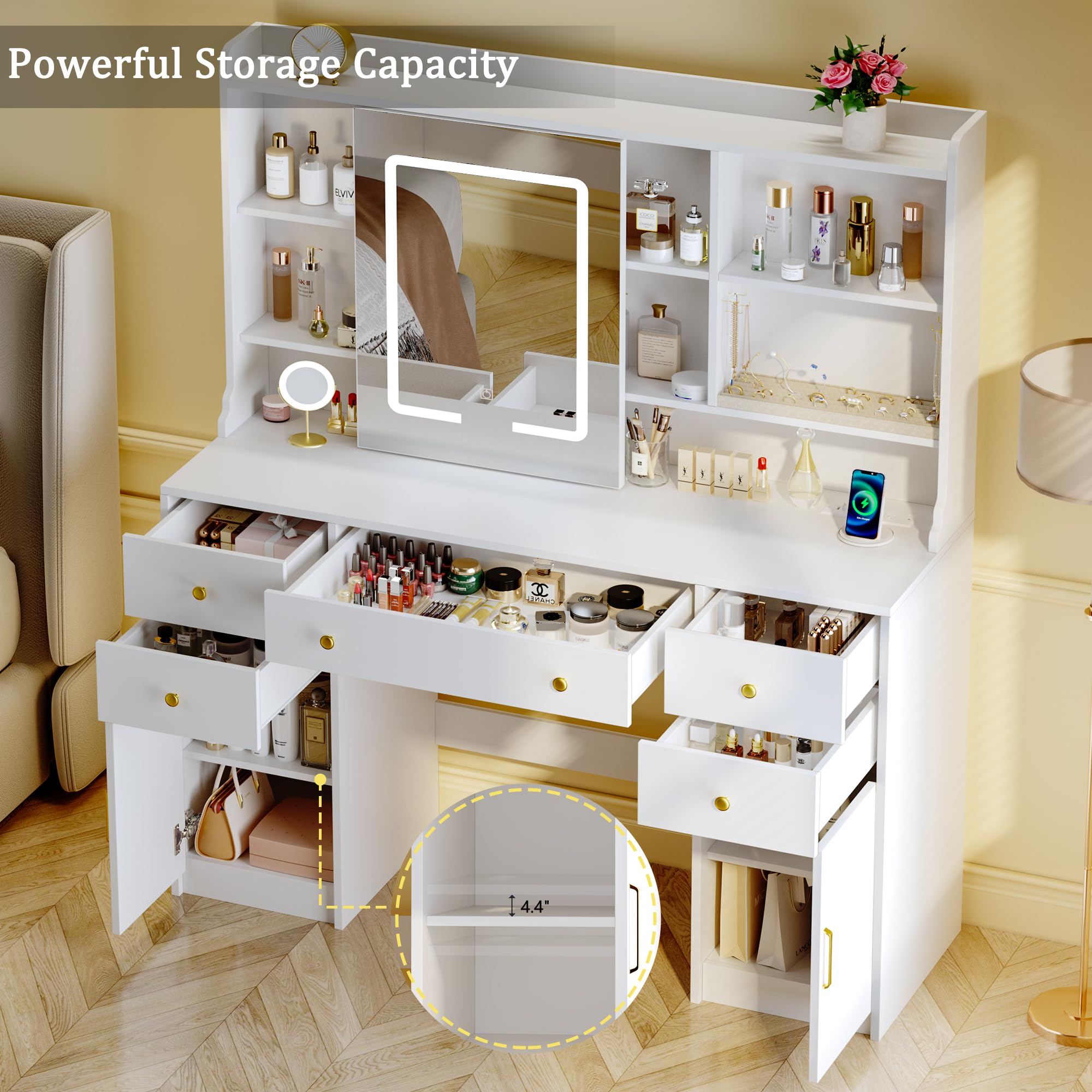 Vanity Desk with Mirror and Lights - Adjustable LED Mirror, 3 Lighting Modes, 5 Drawers & 2 Storage Cabinets - White Dressing Table for Bedroom, Makeup & Beauty Room Organization