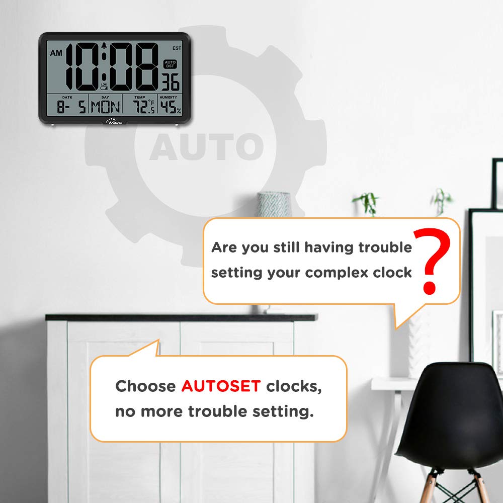 WallarGe Auto Set Digital Wall Clock - Large Display with Temperature, Humidity & Date - Battery Operated Desk Clock for Elderly, Bedroom & Office - 8 Time Zones & Auto DST - Perfect for Home, Office & Travel Use