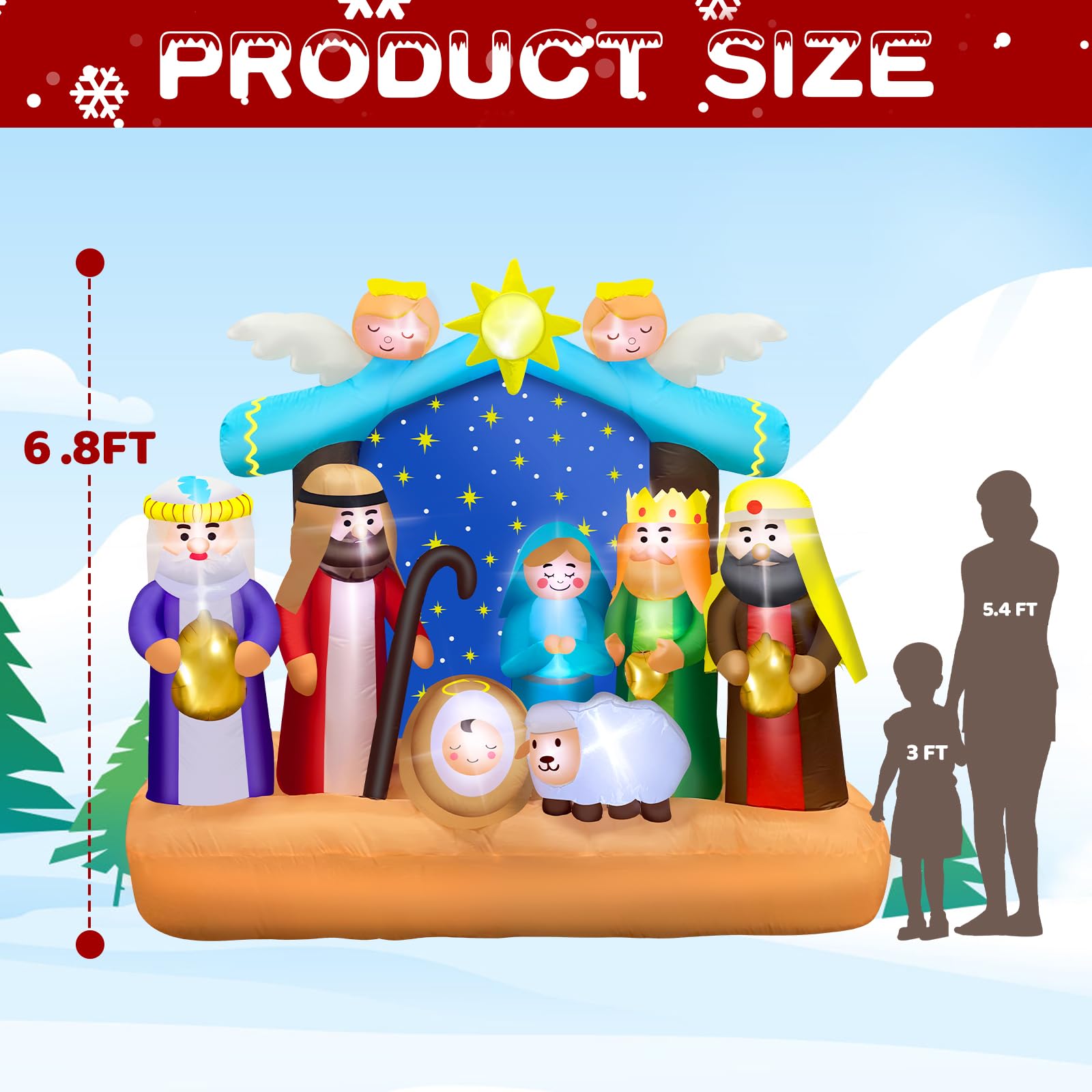 6.8 FT Christmas Inflatable Nativity Scene with Built-in LED Lights - Large Outdoor Christian Nativity Decor for Holiday Yard, Garden, and Lawn - Perfect for Christmas Displays, Church Events, and Festive Home Decorations