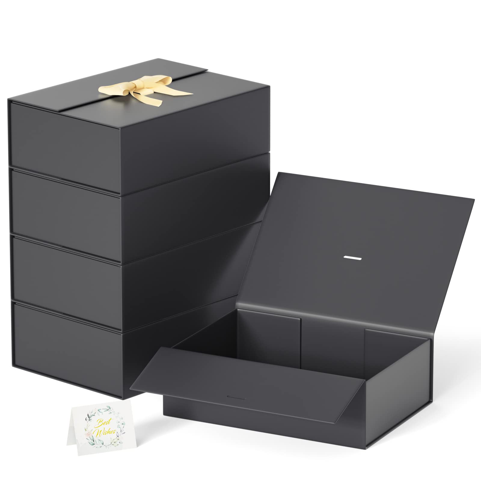 Luxury Gift Box Set with Ribbon & Magnet Closure - 5 Pack Black for Weddings & Birthdays