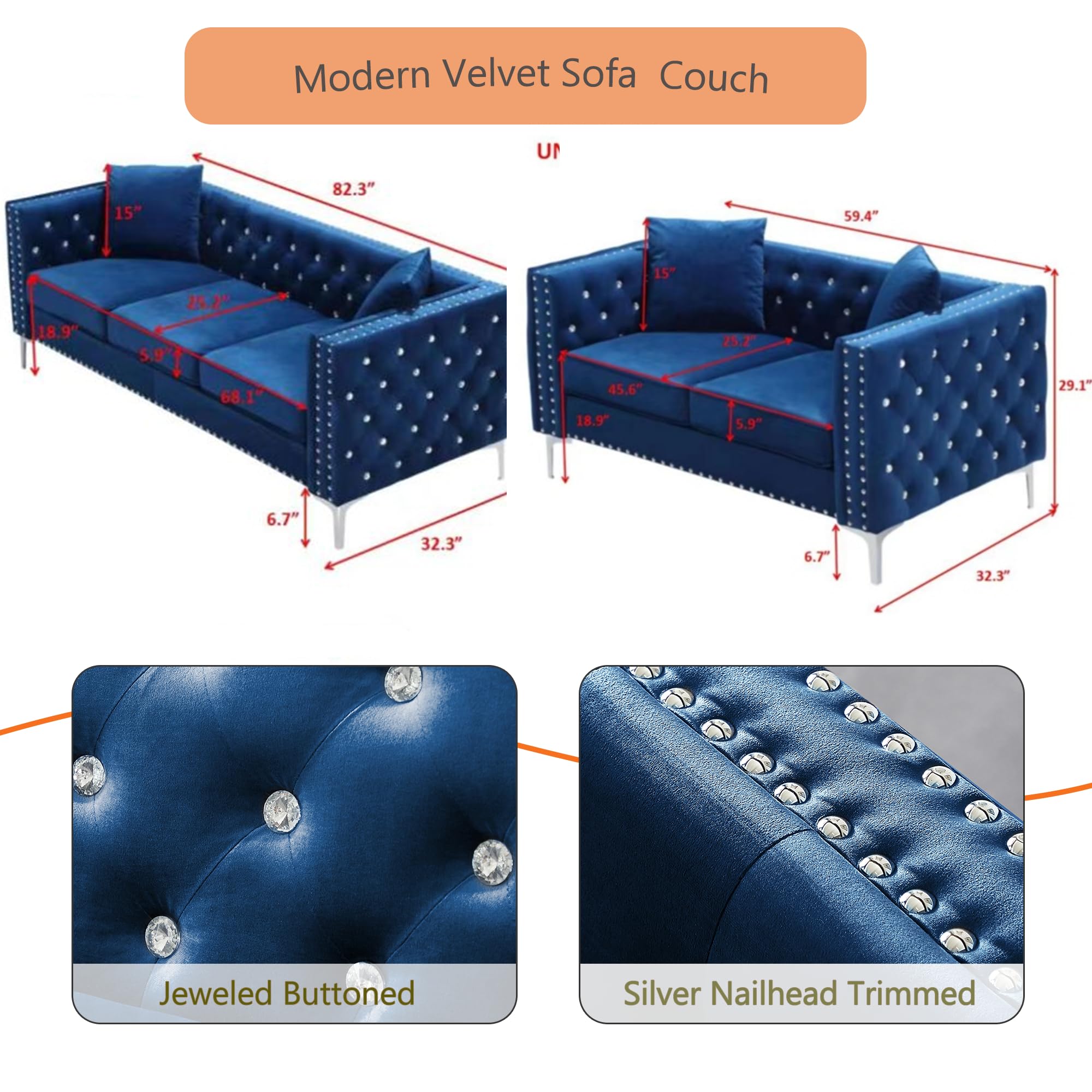 Harper & Bright Designs 2-Piece Blue Velvet Sofa Set with Jewel Buttons - 3-Seater Couch & Loveseat, Square Arm Modern Living Room Furniture with 4 Throw Pillows for Home, Office & Lounge Areas