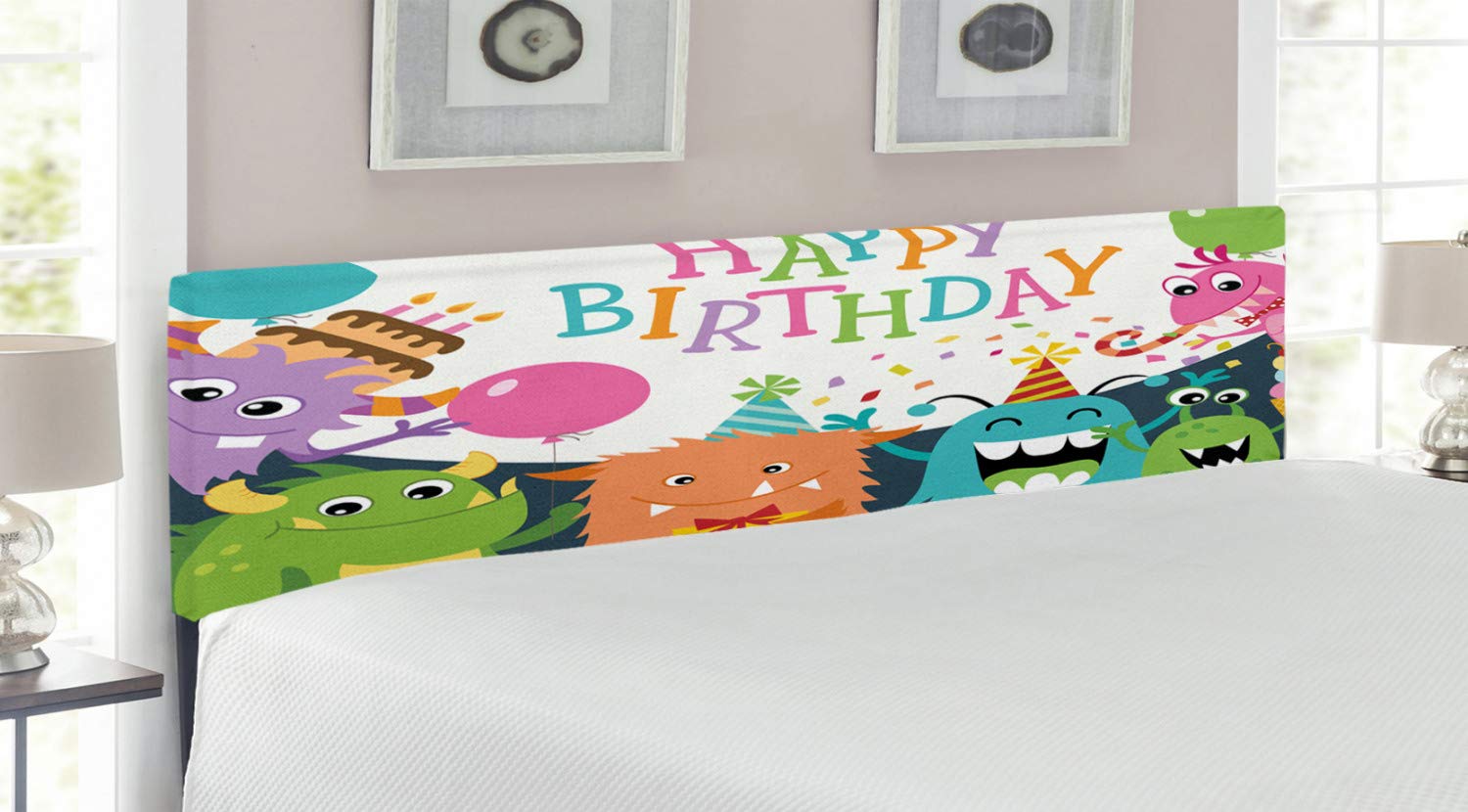 Ambesonne King Size Upholstered Headboard with Memory Foam - Little Monsters Celebration Cones, Rain & Balloons Design - Colorful Decorative Metal Bed Frame for Birthday Party Decor & Kids Room