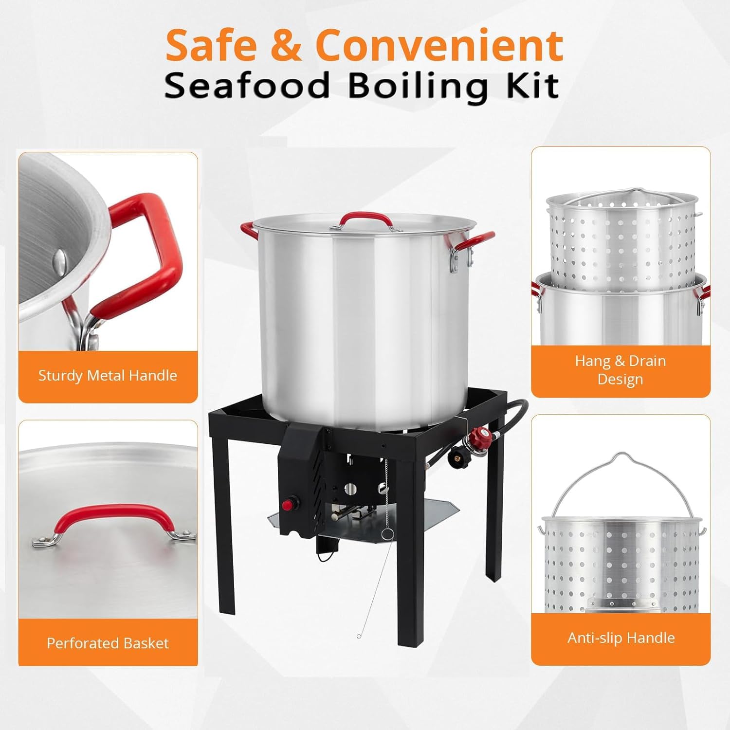 **100 Qt Outdoor Seafood Boil Pot with Basket & Burner – Aluminum Propane Fish Fryer, Crab & Crawfish Boiler, 110,000 BTU, 10 PSI Regulator – Perfect for Backyard Cooking, Camping, and Large Gatherings**