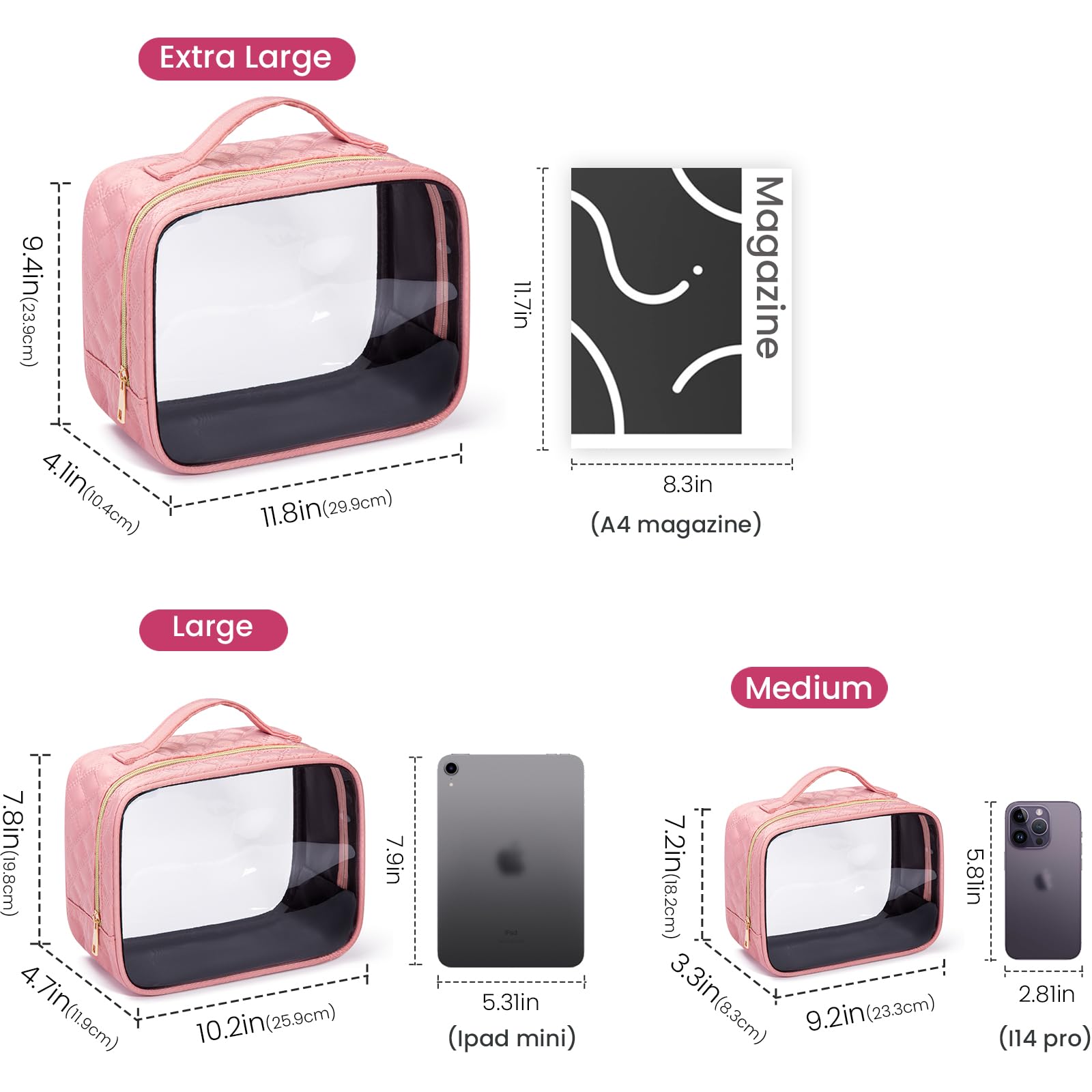 FUNSEED Large Travel Toiletry Bag Set - 3 Pack Clear Makeup Bags with Handles, Waterproof PVC Cosmetic Organizer for Women & Men (Pink) | Perfect for Air Travel, Gym, Beach & Daily Essentials Storage