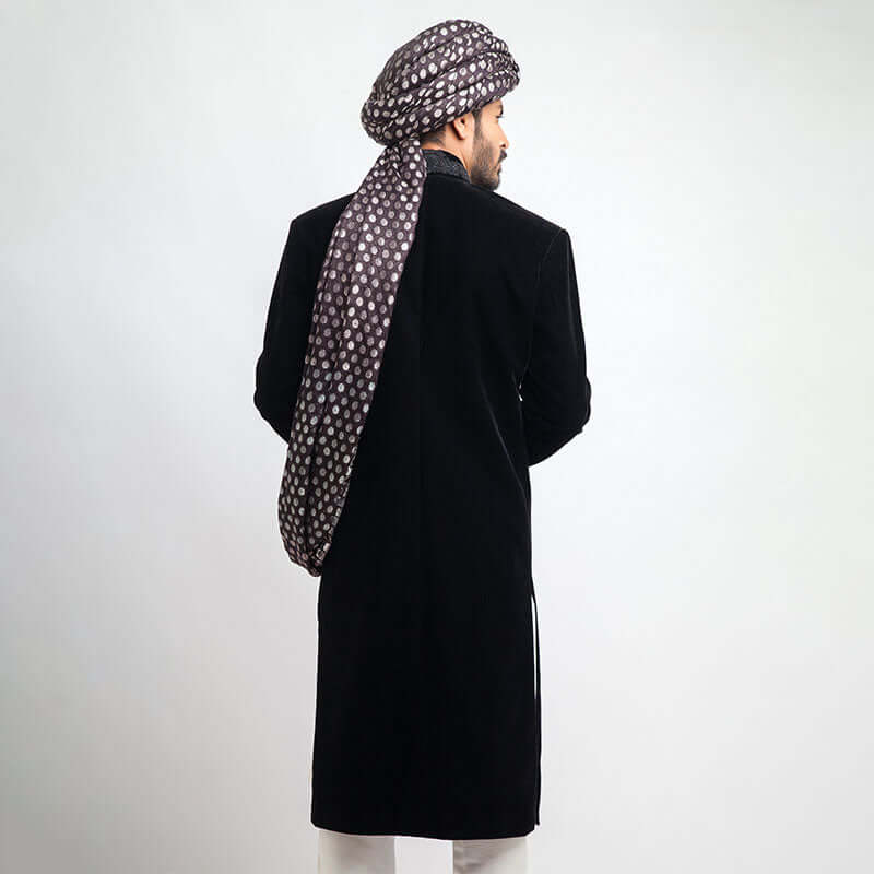 Black Velvet Form-Fitted Sherwani for Men | Elegant Indian Wedding Attire | Perfect for Grooms, Festivals & Special Occasions