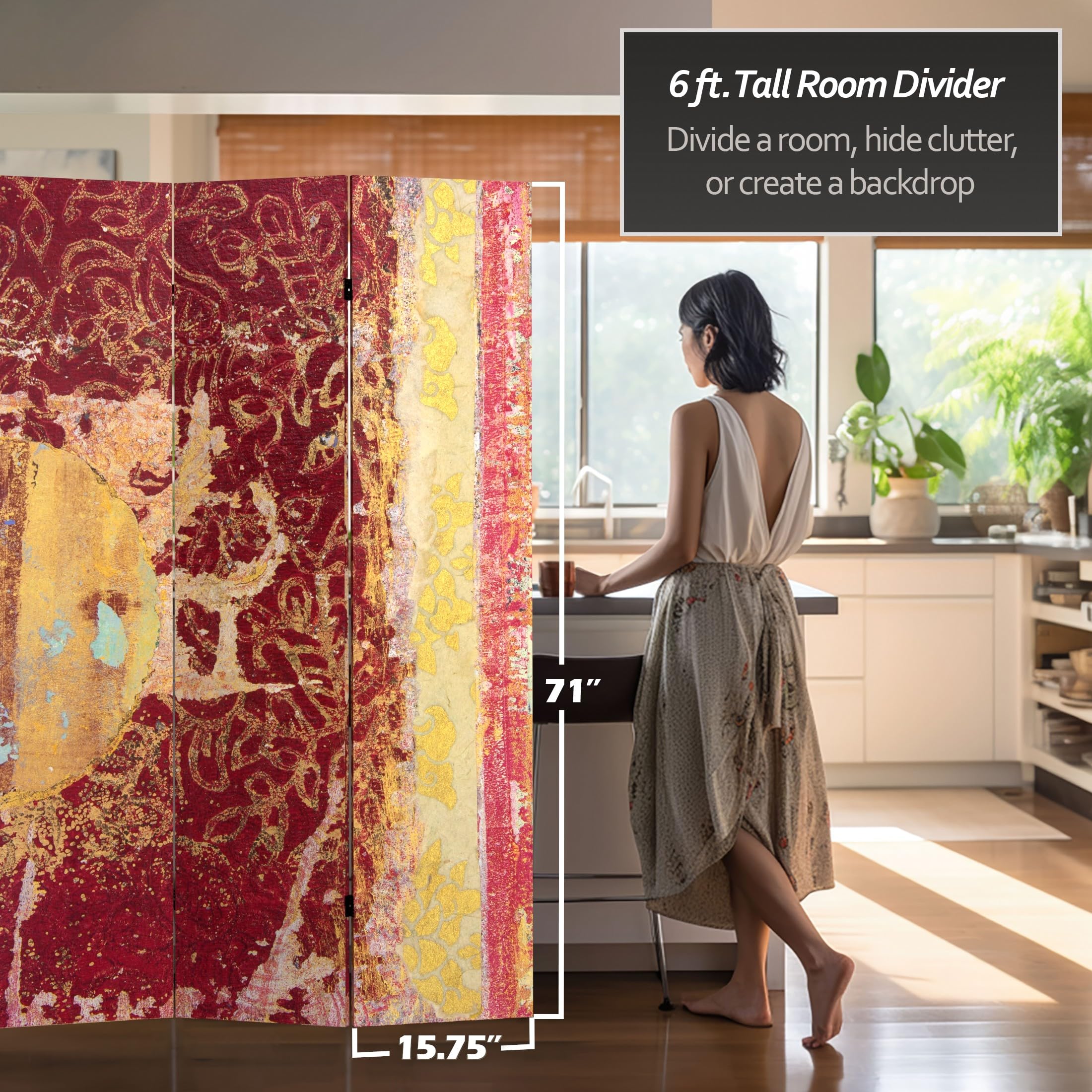 6 ft. Tall Red Lantern Tranquil Ripples Canvas Room Divider - Asian Inspired Fire Dancer Design for Home Decor, Office Partition & Meditation Space