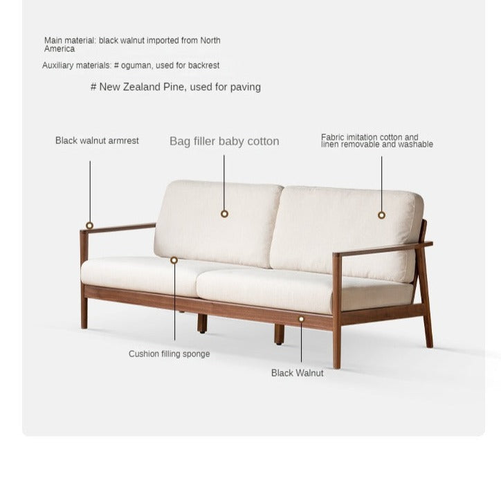 Modern Black Walnut Solid Wood Sofa - Durable & Stylish Living Room Furniture for Home & Office Use