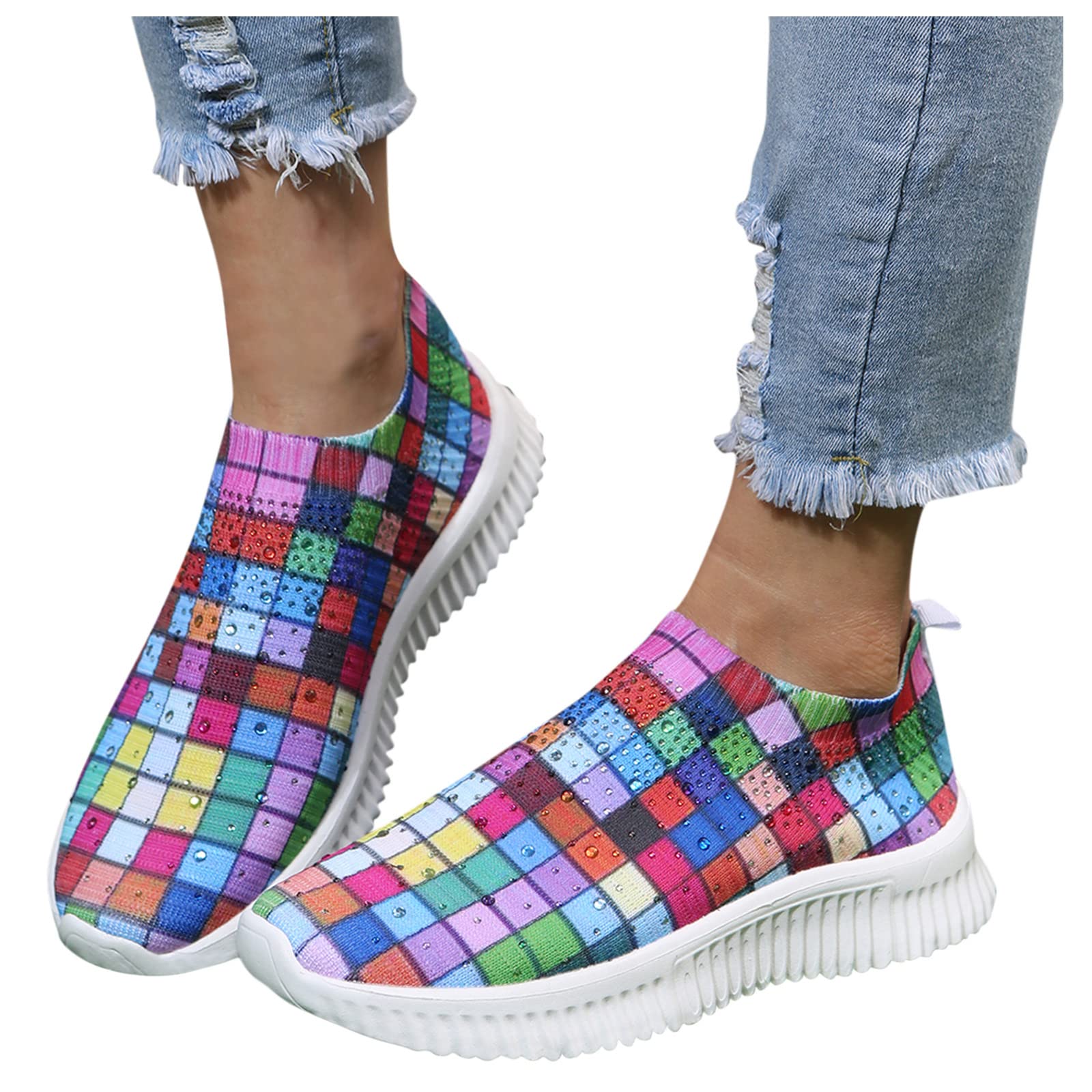 Women's Fashion Casual Mesh Breathable Sneakers with Colored Rhinestones - Slip On Comfort Walking Shoes for Women - Lightweight Gym Sneakers with Non-Slip Sole - Perfect for Workout, Running, Walking & Daily Wear