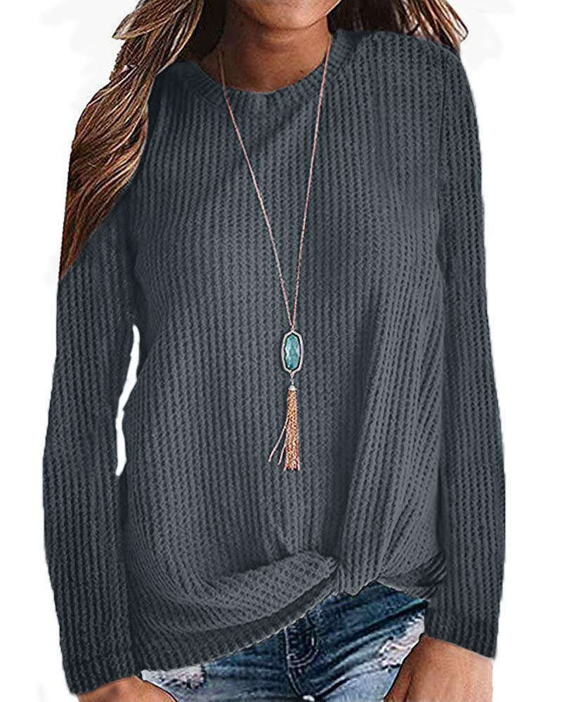 MISFAY Women's Casual Long Sleeve Knit Top with Cute Twist Knot Design - Soft Waffle Texture Shirt for Fall, Winter Layering & Everyday Outfits
