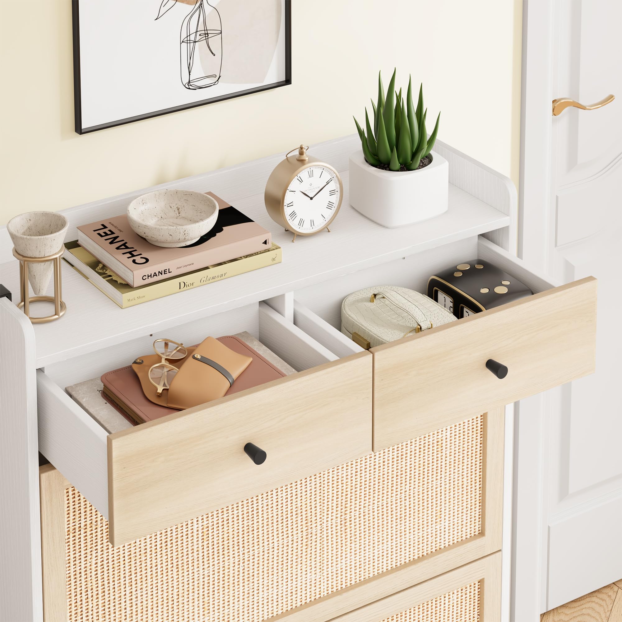 Rattan Shoe Storage Cabinet for Entryway - Narrow Wooden Shoe Organizer with 2 Flip Drawers & 2 Regular Drawers, Freestanding Hidden Shoe Rack with Sturdy Metal Legs in White - Perfect for Small Spaces, Hallway Organization & Apartment Living