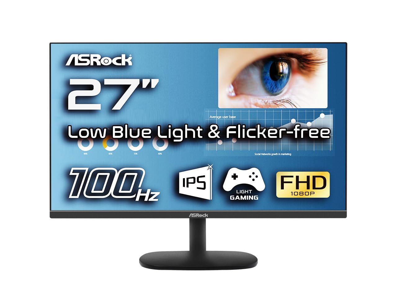 ASRock 27 Inch 100Hz IPS Gaming Monitor - Flicker-Free, Low Blue Light, Home Office & Light Gaming Display for Work & Entertainment
