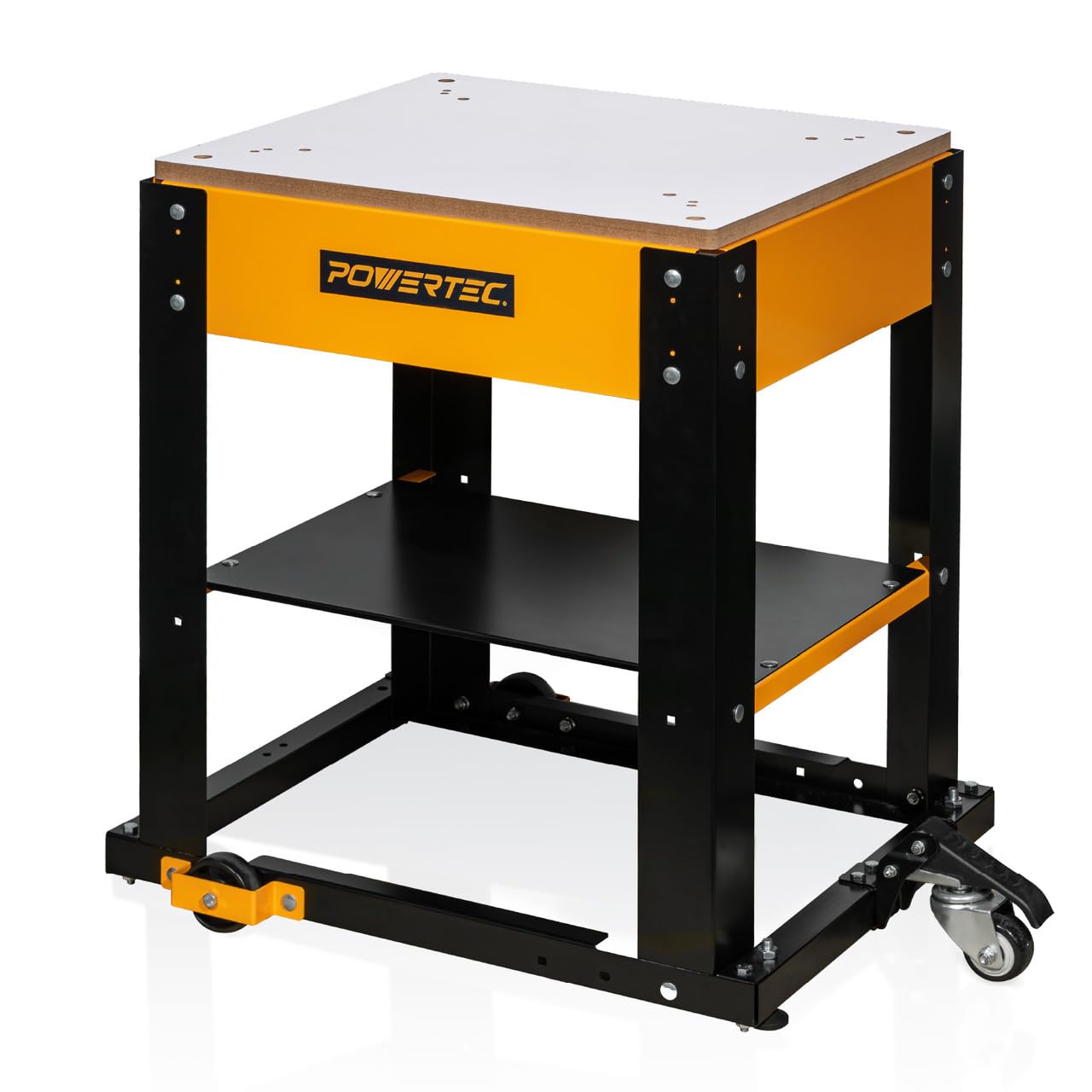 POWERTEC Heavy-Duty Mobile Tool Stand with Locking Wheels & Durable Melamine MDF Top - Universal Workbench for Miter Saws, Drill Presses, Belt Sanders, Bench Grinders - Perfect for Garage Workshops & DIY Projects (Model UT1008) Orange