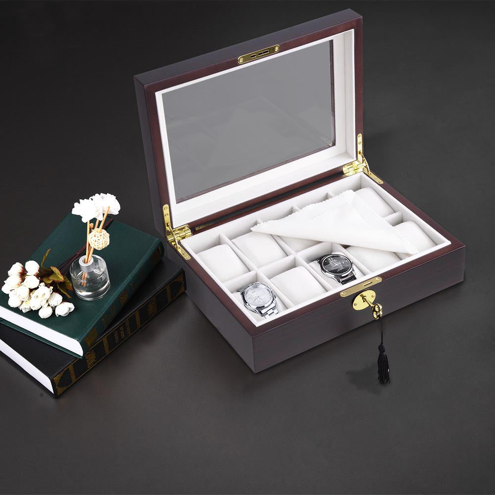 TheLAShop 10-Slot Wooden Watch Display Case with Glass Top - Perfect for Jewelry Stores, Watch Collectors, and Home Decor