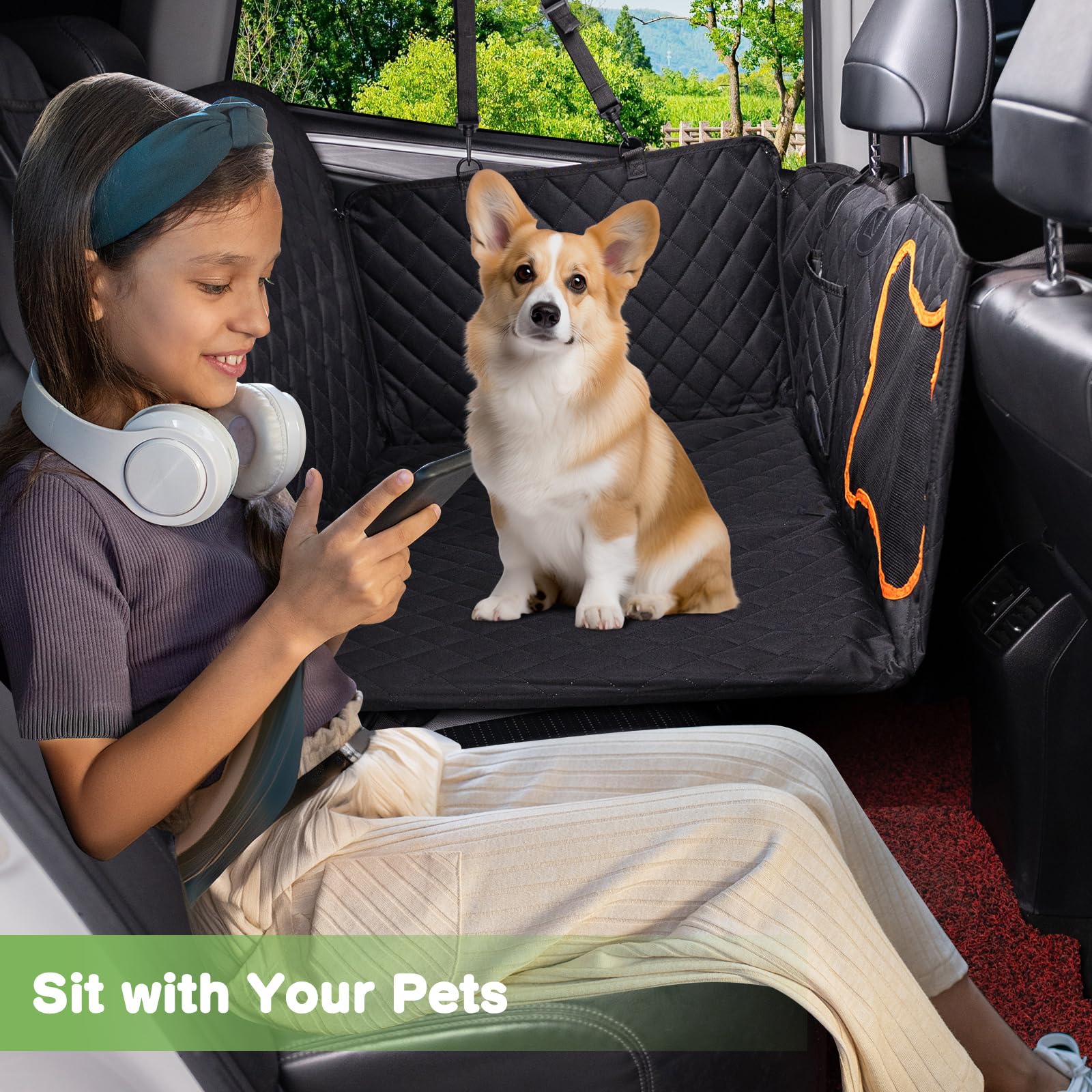 Happept Dog Car Seat Extender with Hard Bottom - Waterproof Back Seat Cover & Hammock Bed for Cars, SUVs, Trucks (Black, Medium) - Perfect for Road Trips, Travel & Pet Safety