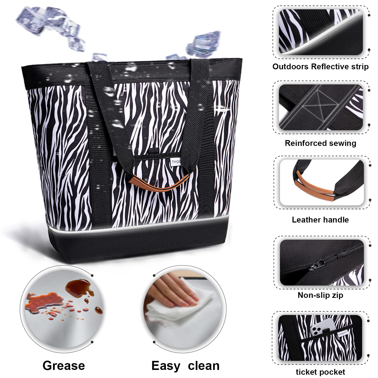 Large Insulated Cooler Bag - Zebra Print Reusable Grocery Tote with Aluminum Foil Lining | Perfect for Picnics, Beach Outings, School Lunches & Keeping Kids' Snacks Fresh