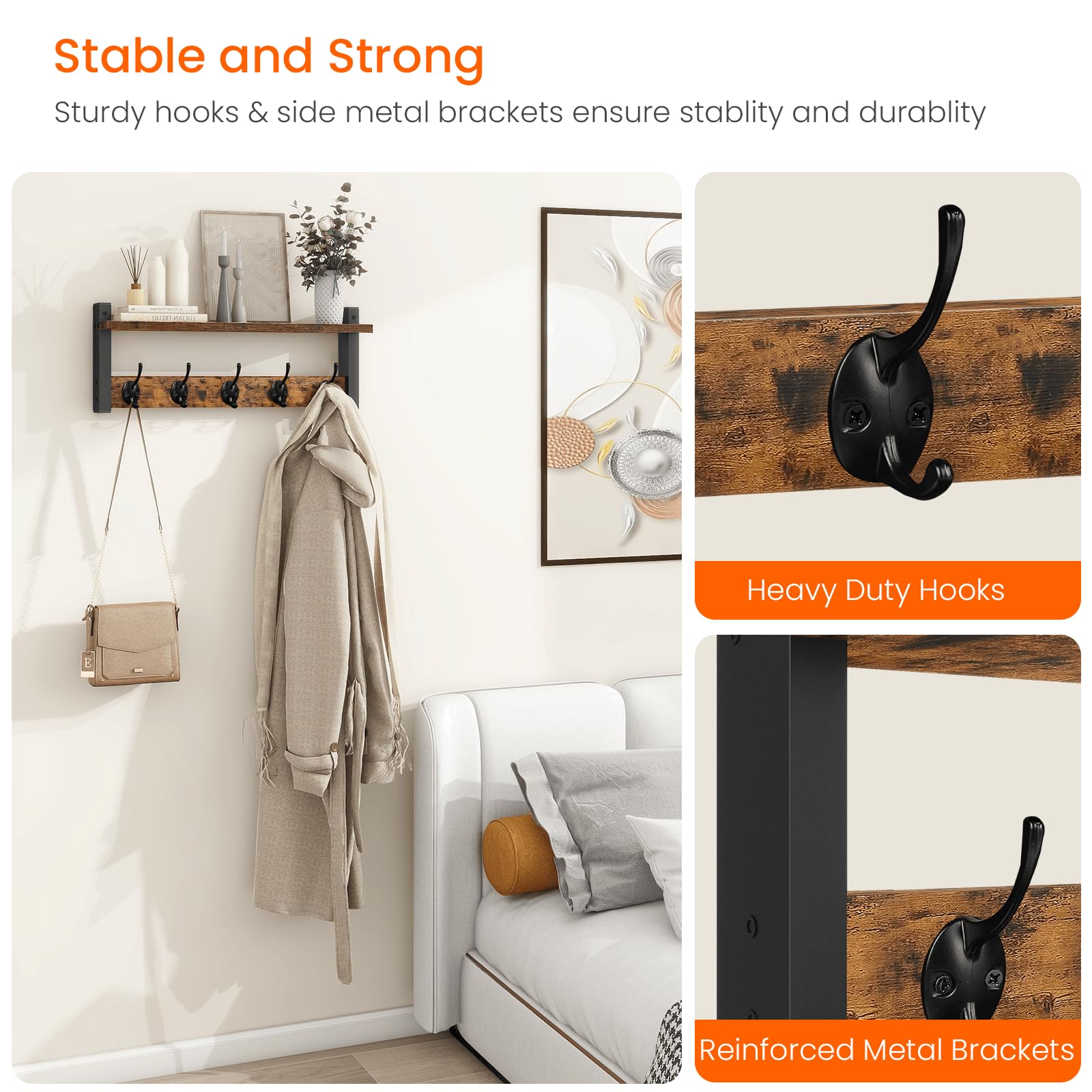 Wood Wall Hooks with Shelf - 5 Metal Hooks for Clothes & Hats - Bathroom & Entryway Organizer