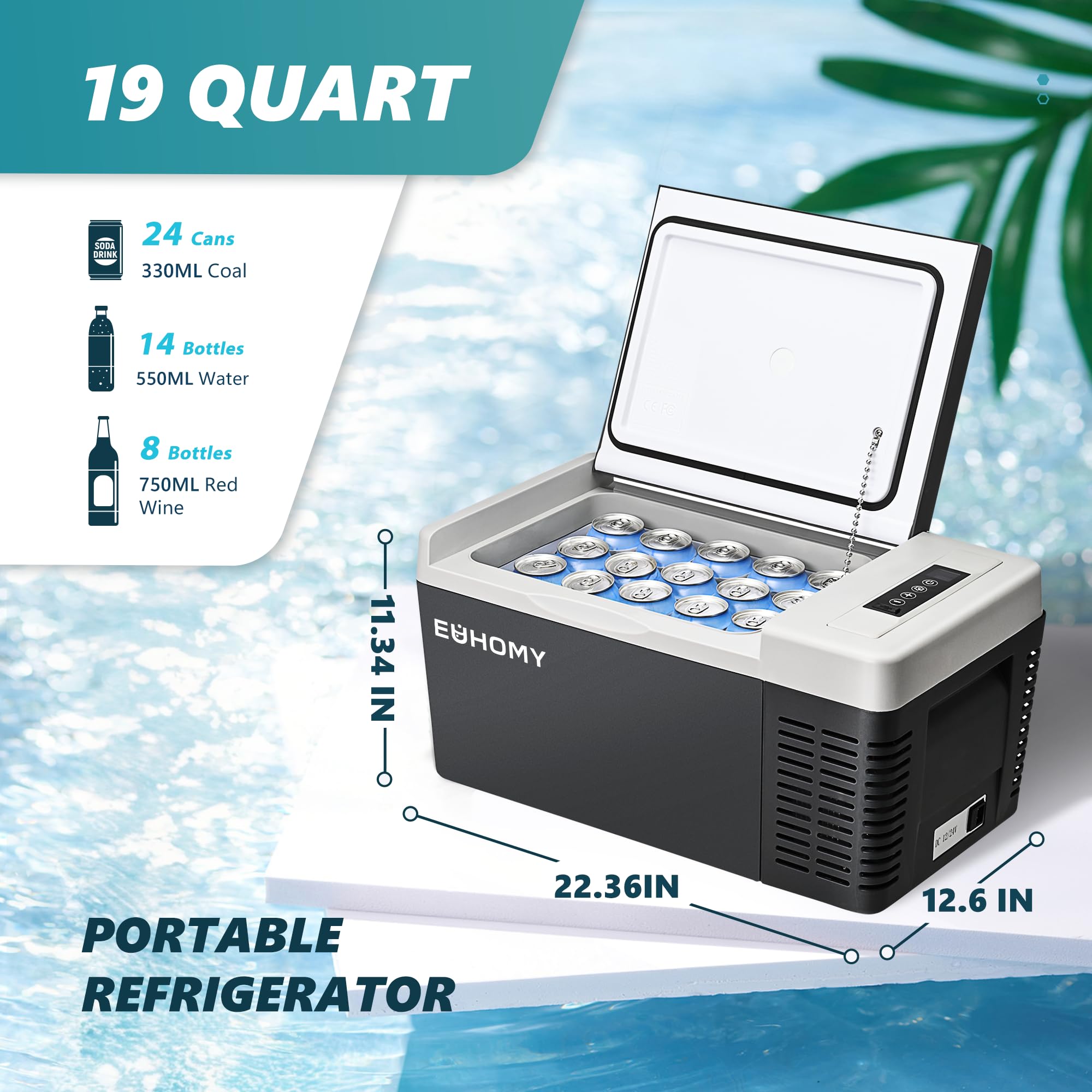 EUHOMY 12 Volt Refrigerator 19QT (18L) Portable Compressor Cooler with APP Control -4℉~68℉, 12V/24V DC & 110-240V AC Car Fridge for Camping, Travel, RV, Boat, Truck, Picnic & Outdoor Adventures