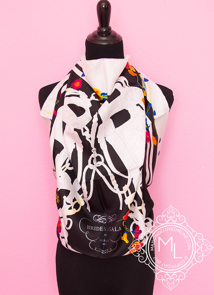 Hermes Black Twill Silk 90cm Brides Fleuries Scarf - Luxury Fashion Accessory for Women, Perfect for Weddings & Special Occasions