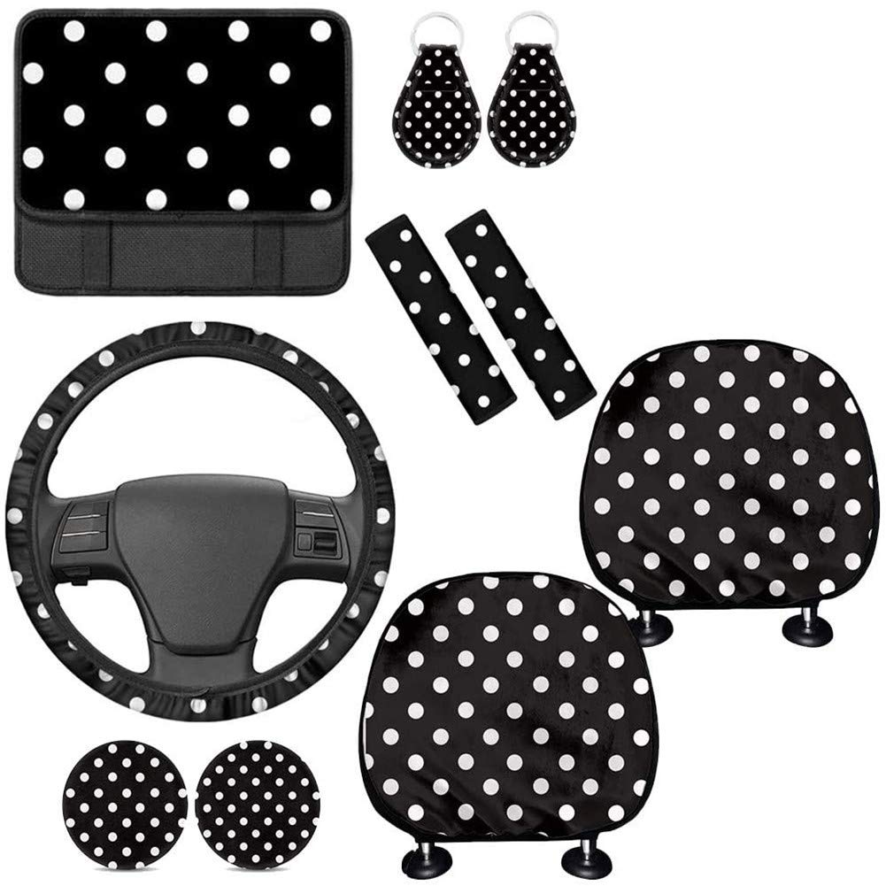 ORGYPET 10-Piece Car Accessories Set - Black Headrest Covers, Steering Wheel Cover, Seat Belt Pads, Armrest Covers, Cup Holder Cushions & Keychain - Premium White Dot Design for Comfort & Style - Perfect for Sedans, SUVs & Road Trips