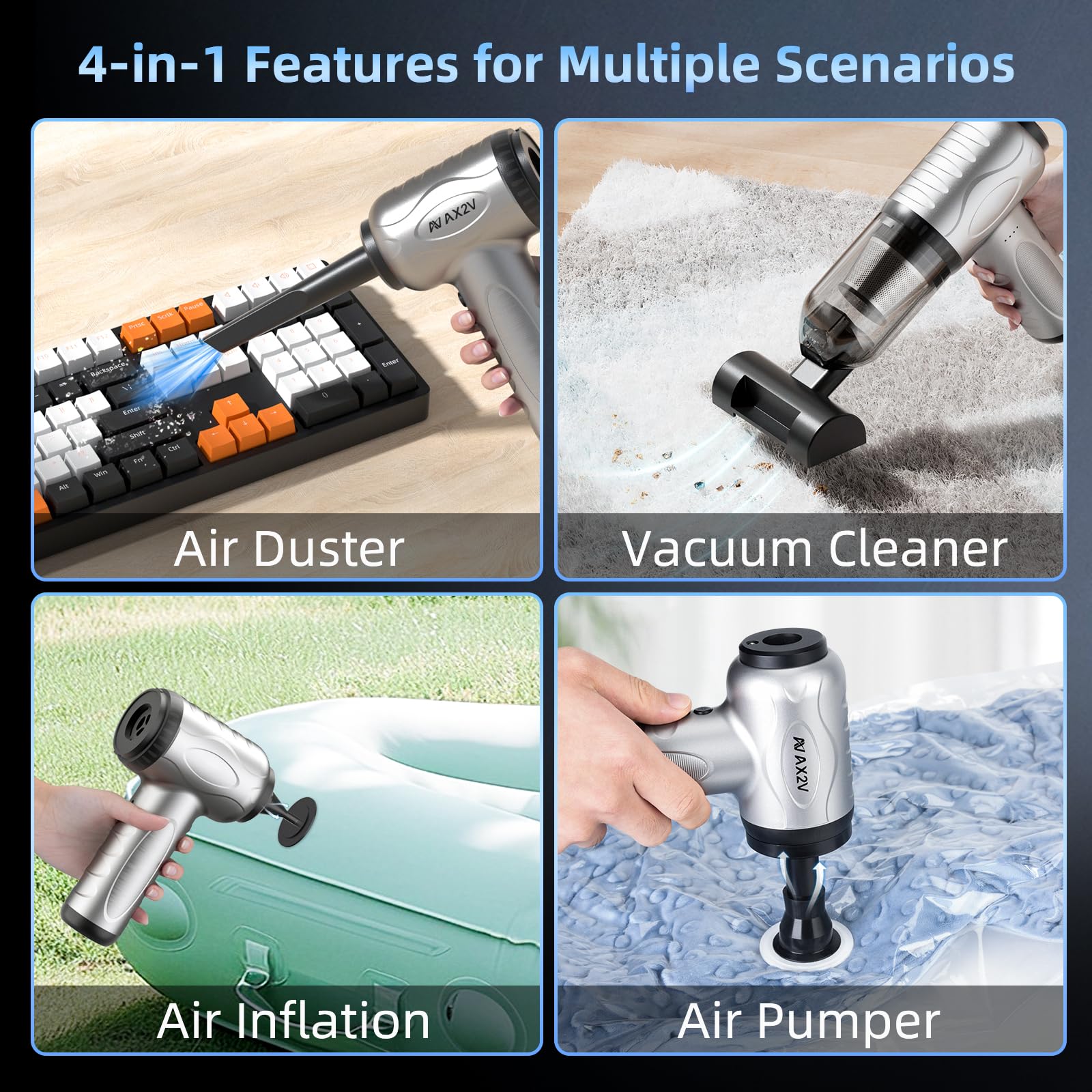 AX2V 120000RPM 4-in-1 Compressed Air Duster & Vacuum Cleaner with Air Blower - Keyboard Cleaner for PC, Laptop, Electronics - Includes Cleaning Gel for Car, Home & Office Detail Cleaning - Perfect for Computer Maintenance, Car Detailing & Workspace Organization
