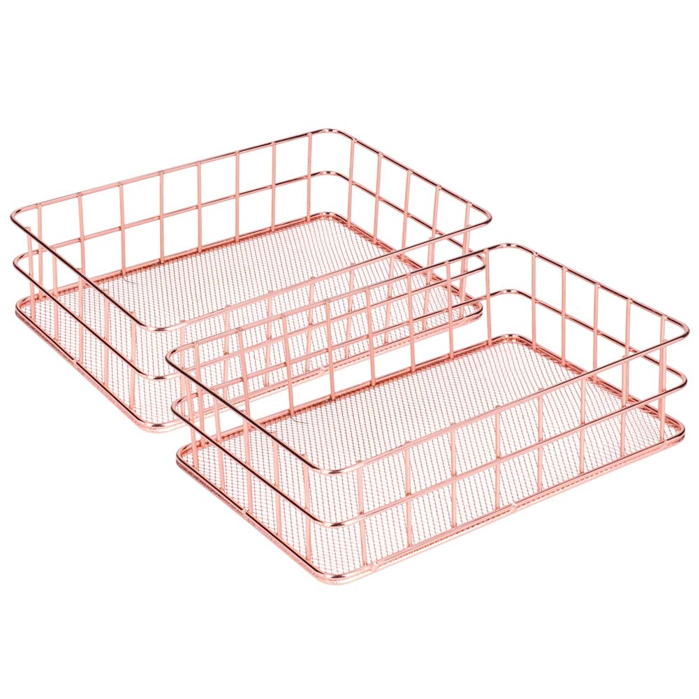 Rose Gold Wrought Iron Storage Basket Set of 2 - Large Desktop Organizer for Kitchen Cabinets, Pantry & Bathroom - Perfect for Home Organization, Office Supplies Storage & Decorative Display