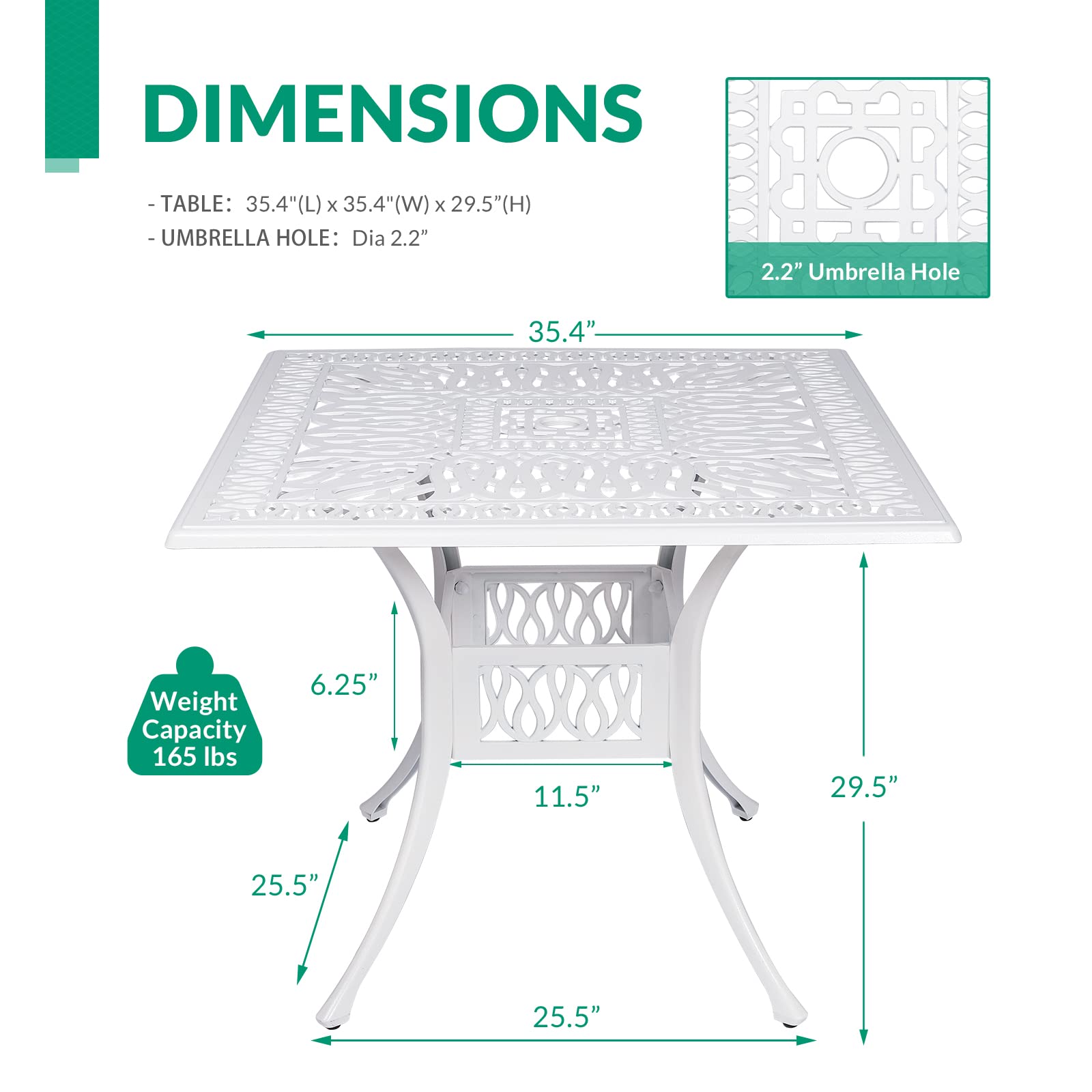 VIVIJASON 35.4 Inch Square Outdoor Patio Dining Table - White Rustic Cast Aluminum Furniture with Umbrella Hole - Perfect for Backyard, Garden, Poolside & Outdoor Entertaining