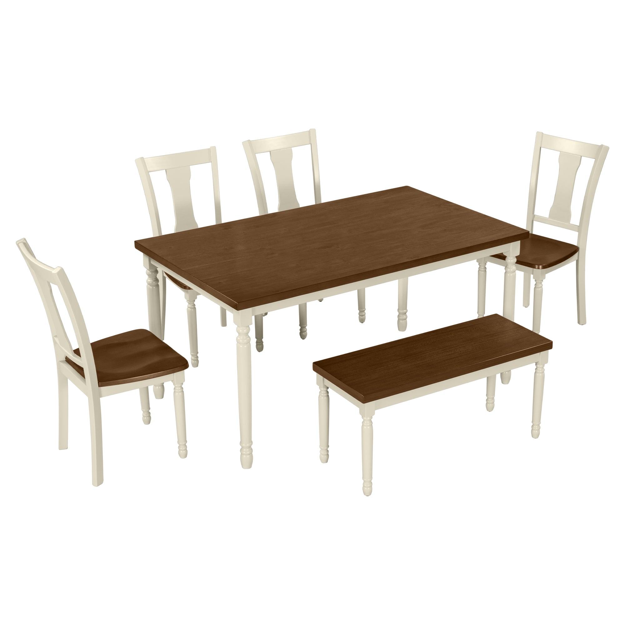 Classic 6-Piece Wooden Dining Set with Table, 4 Chairs & Bench for Kitchen & Dining Room - Brown & Cottage White | Perfect for Family Meals, Entertaining Guests & Small Space Dining