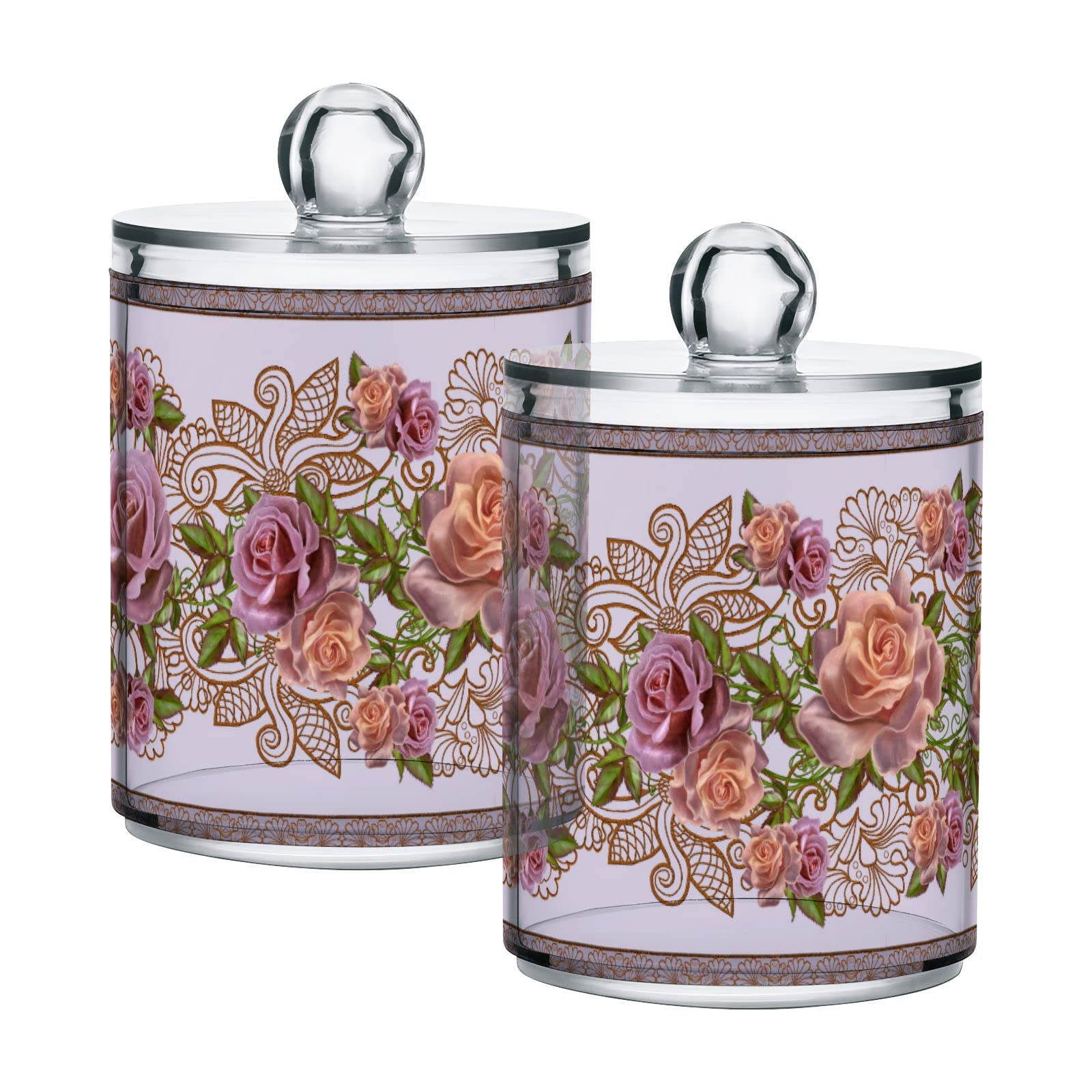 Vintage Floral 4-Pack Q-Tip Holder Organizer Dispenser - Bathroom Vanity Storage Canisters & Apothecary Jars for Cotton Swabs, Pads, Floss - Perfect for Countertop, Medicine Cabinet & Makeup Organization