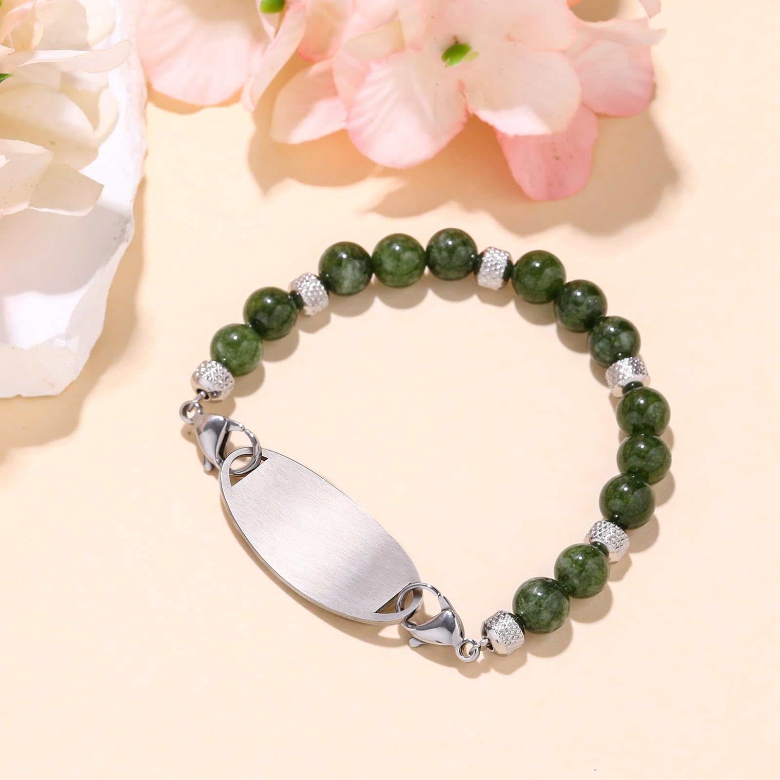 Custom Medical Alert Bracelet with Free Engraving - Adjustable 5.5-8.5 Inch Emergency ID Bracelet for Women & Men - Interchangeable Dark Green & Turquoise Beads - Perfect for Diabetes, Allergies & Emergency Medical Identification