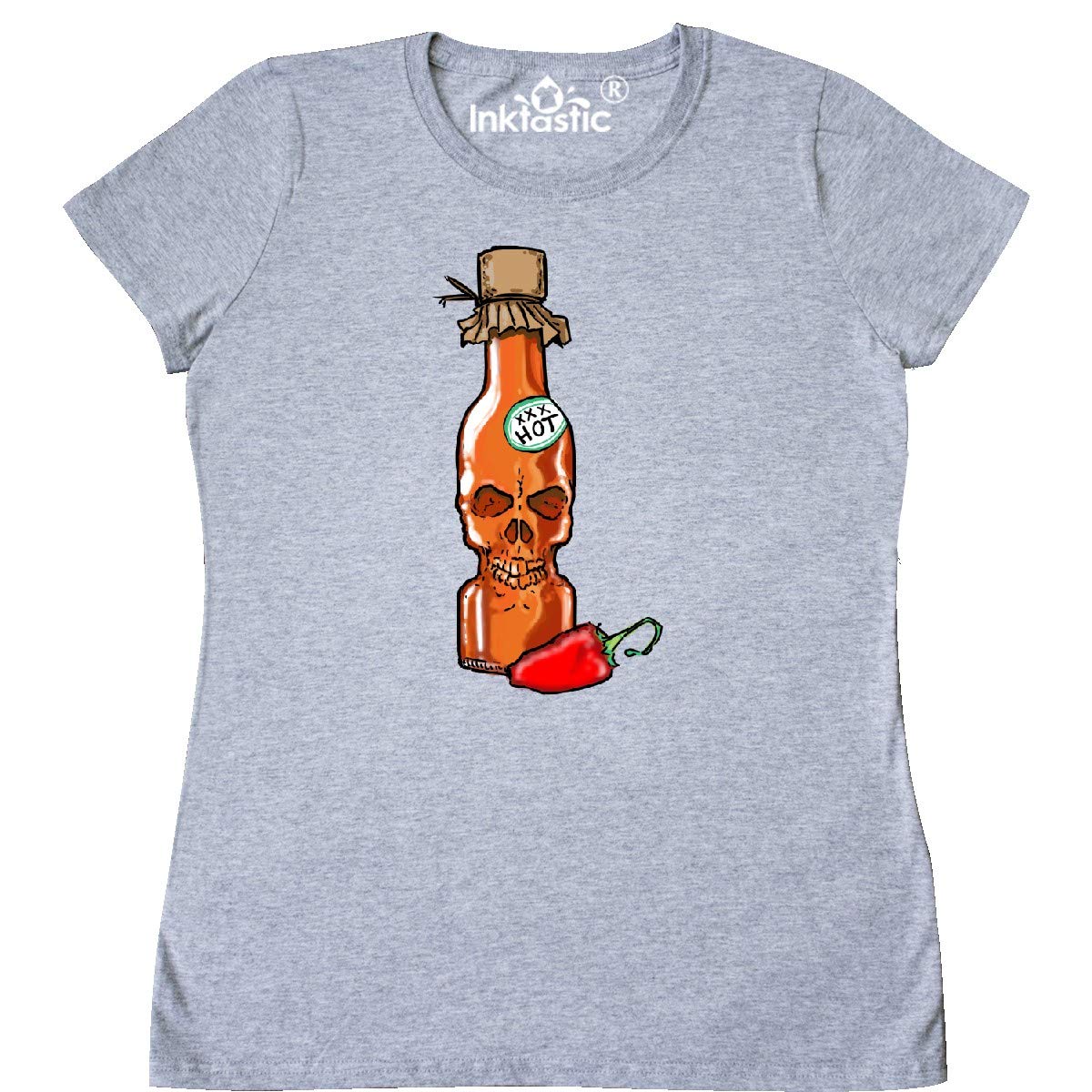 Inktastic Hot Sauce Skull Bottle with Pepper Women's T-Shirt | Spicy Food Lover Graphic Tee | Perfect for Casual Wear, Parties & Gifts