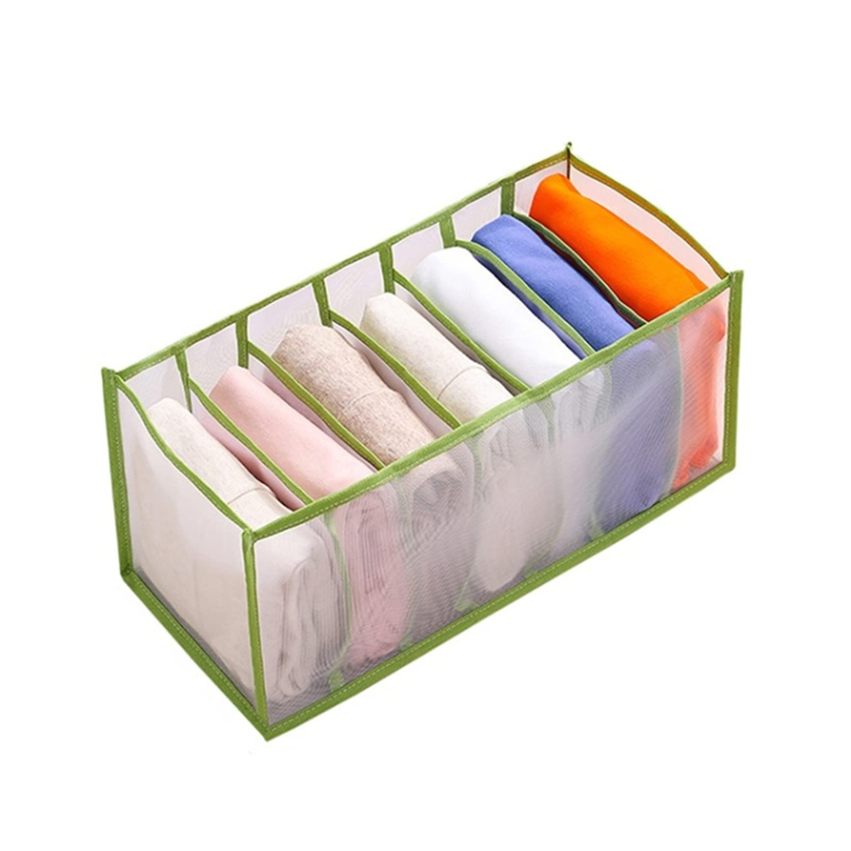 JUNWU Foldable Mesh Closet Organizer & Wardrobe Storage Box - 7 Grid Drawer for Clothes, Shoes & Accessories (Green, 36x17cm) | Perfect for Bedroom, Closet & Travel Organization