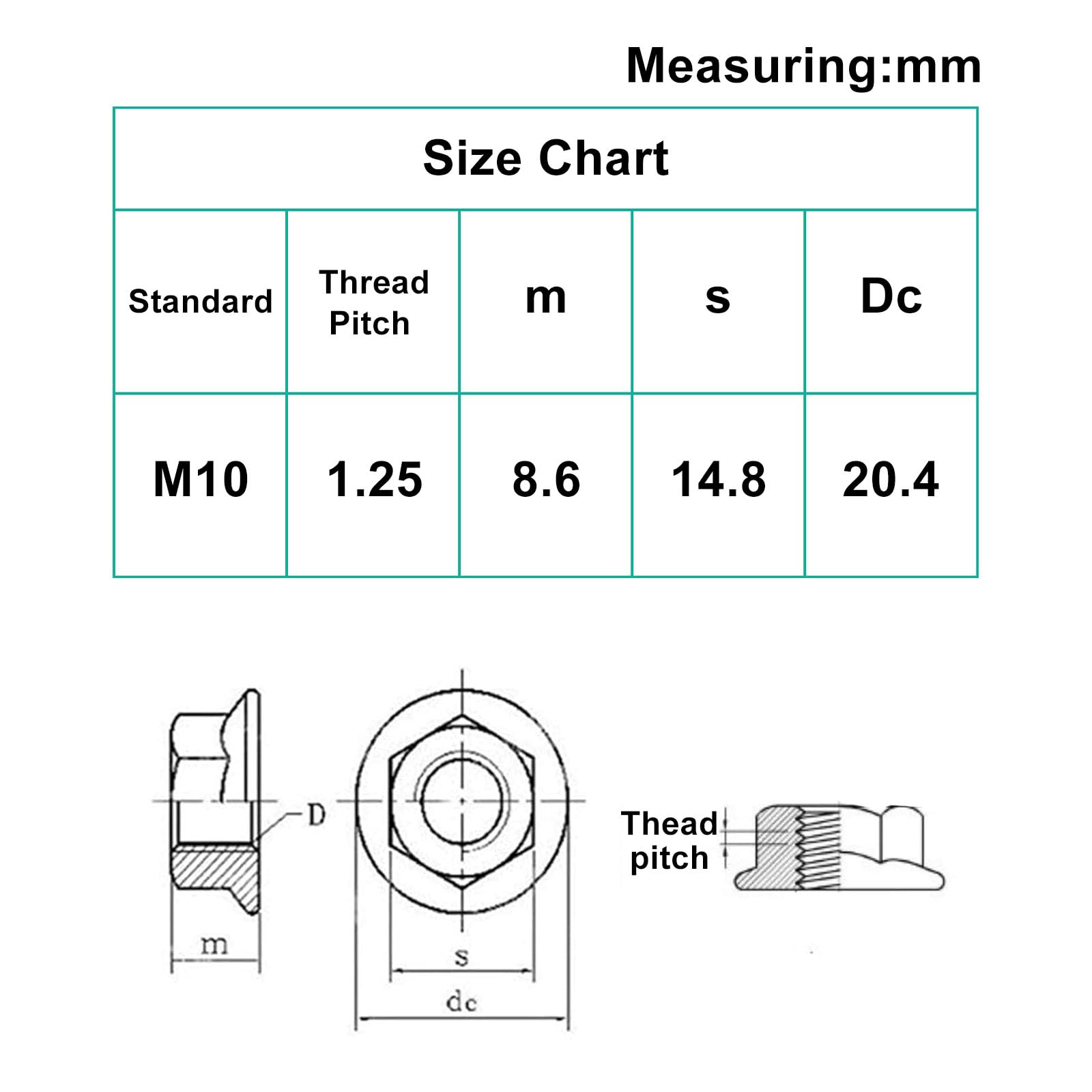 304 Stainless Steel M10 x 1.25mm Serrated Flange Hex Nuts - Bright Finish Metric Hardware (20pcs) - Ideal for Automotive, Machinery & DIY Projects