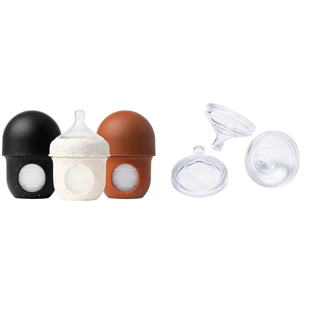 Boon Nursh Reusable Silicone Baby Bottles with Pouch - Stage 1 Slow Flow - 4 Oz (3 Pack) + Extra Slow Silicone Nipples (3 Pack) | Perfect for Newborns, Travel & On-the-Go Feeding