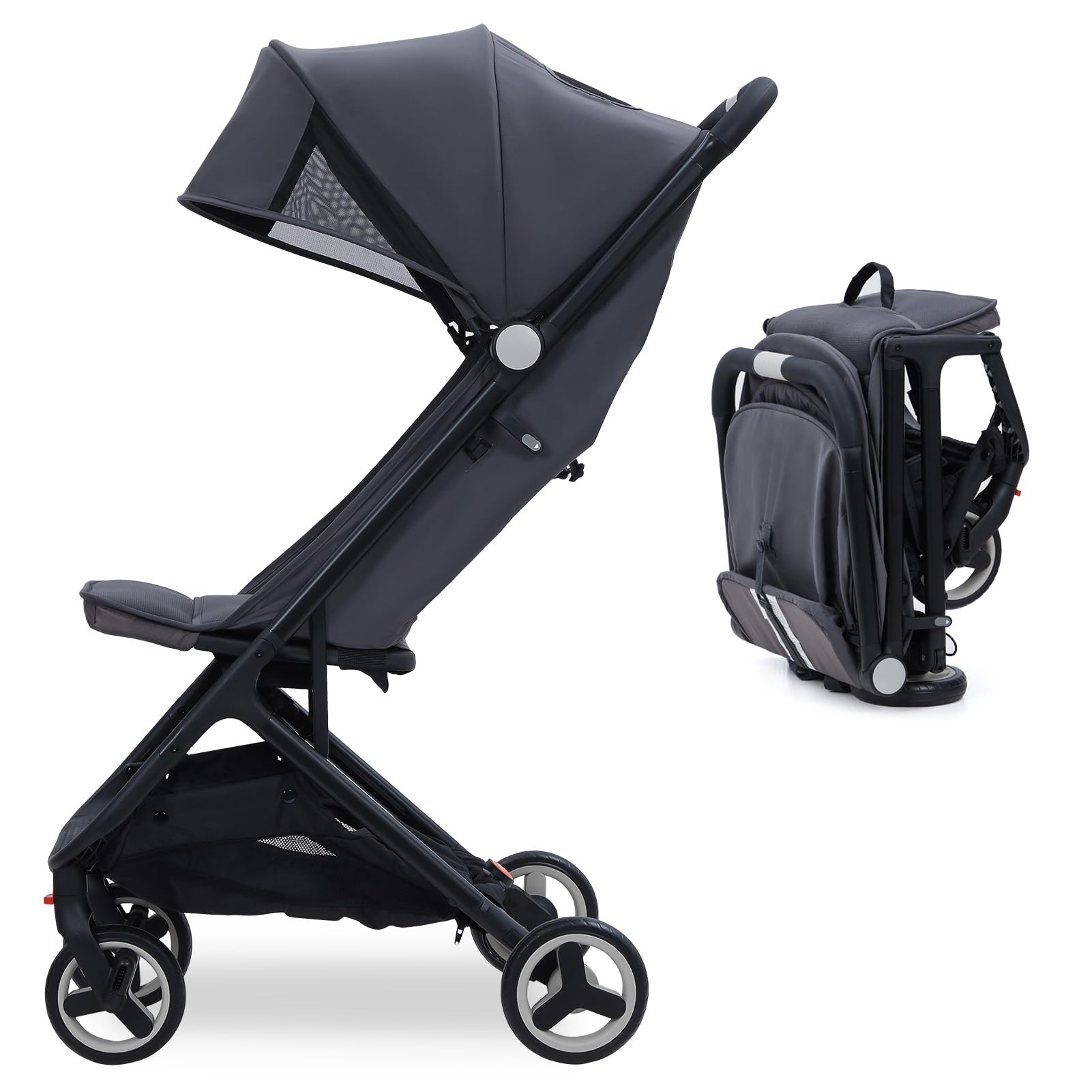 GAOMON Lightweight Compact Stroller - One Hand Fold, Airplane Friendly, Reclining Seat with Canopy & Smooth Suspension | Travel System Ready Black Baby Stroller for Travel, Shopping & Daily Use