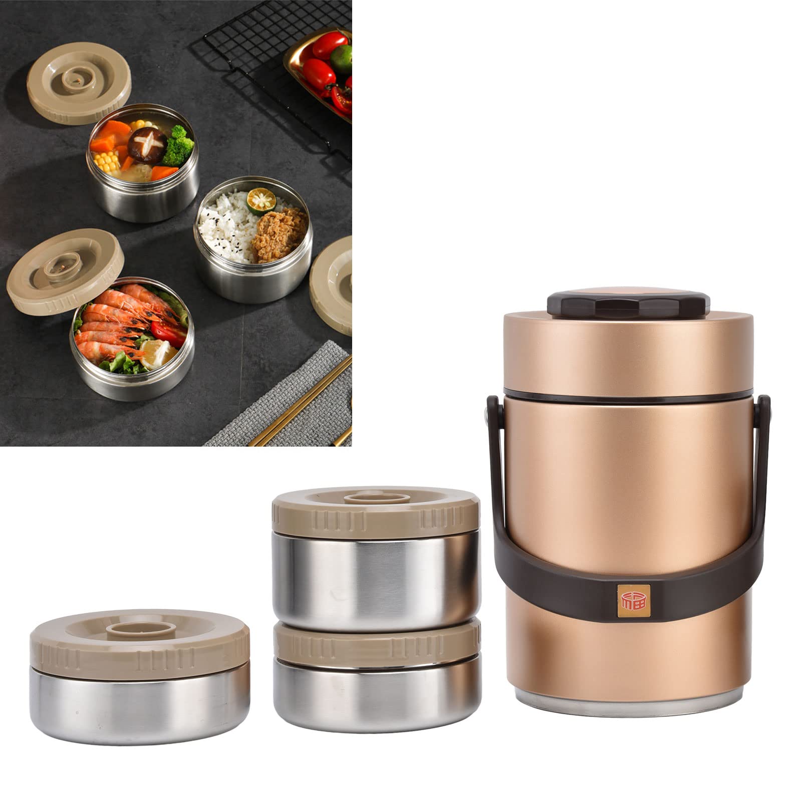 Yosoo 2000ml Wide Mouth Insulated Thermos Lunch Box - 3-Layer Stackable Leak Proof Food Container for Hot & Cold Meals - Reusable Soup Jar for Office, Travel, Picnic, Camping & Outdoor Activities (Gold)