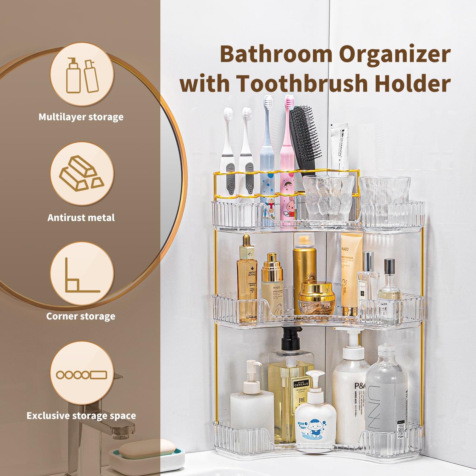 3-Tier Clear Makeup Organizer for Vanity with Brush Holder - Corner Bathroom & Countertop Storage for Cosmetics, Jewelry, Skincare - Perfect for Bedroom Dresser, Bathroom Counter & Kitchen Organization
