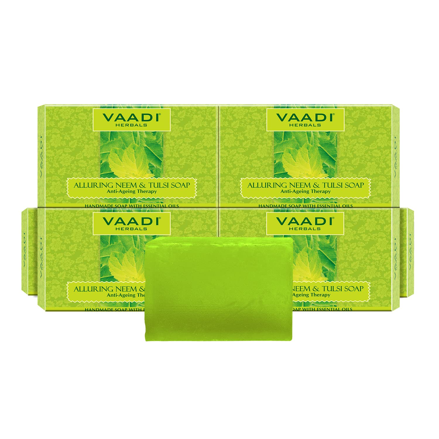 Vaadi Herbals Alluring Neem Tulsi Soap with Vitamin E & Tea Tree Oil - 75g (Pack of 6) | Natural Ayurvedic Cleansing Bar for Acne, Oily Skin & Body Care | Perfect for Daily Face Wash & Shower Routine