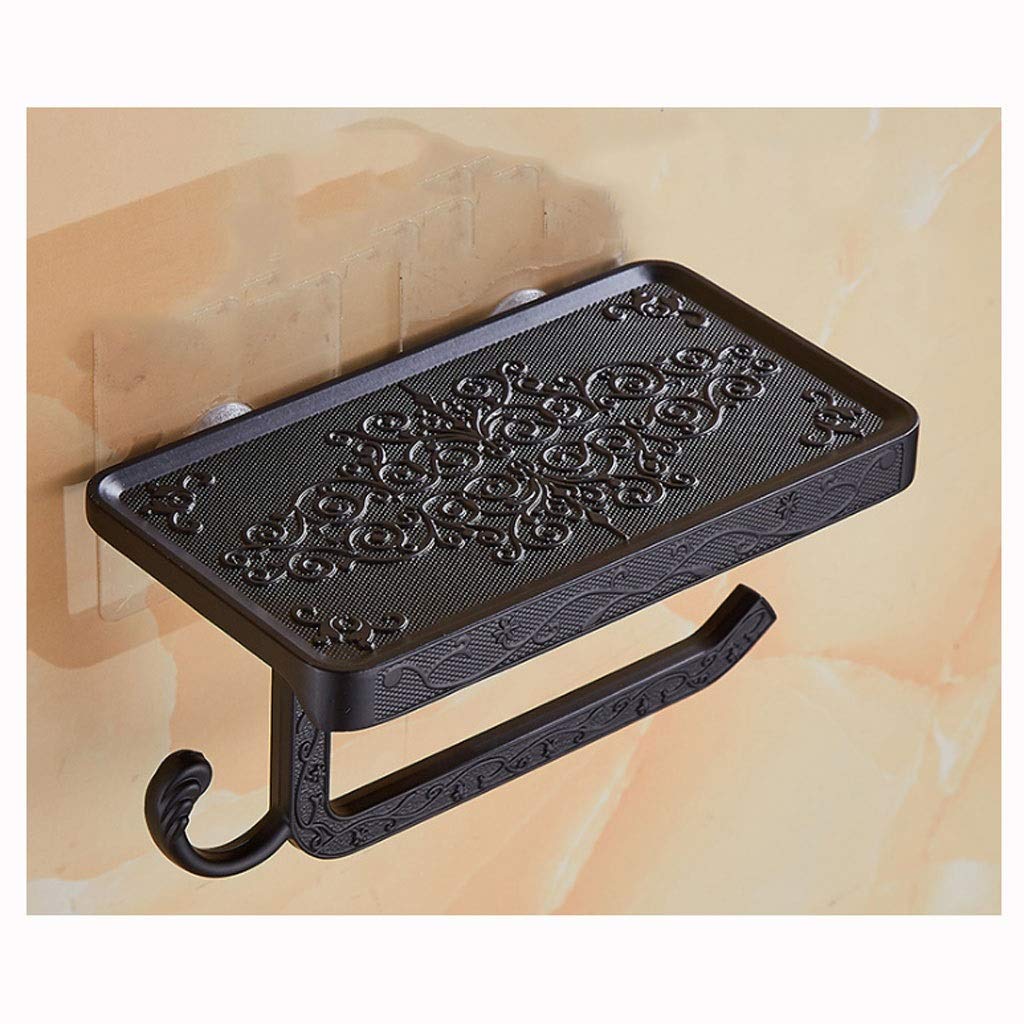 Vintage Style Wall Mount Toilet Paper Holder with Shelf - Reversible Bathroom Tissue Roll Holder, No Punch Installation, Black - Perfect for Small Bathrooms, Powder Rooms & RVs