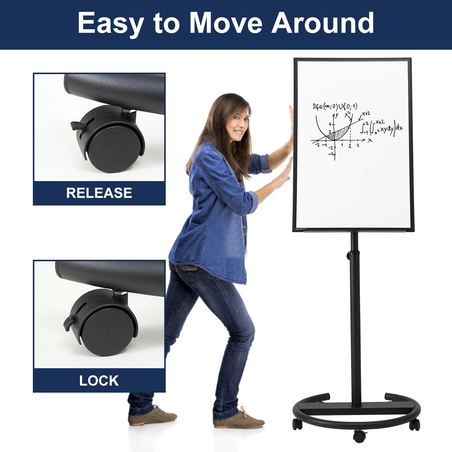 TSJ OFFICE 36x24 Inches Magnetic Dry Erase Whiteboard - Adjustable Height Rolling Mobile Whiteboard with Wheels & Flip Chart Hooks, Black - Perfect for Office Meetings, Classroom Presentations & Home Office Organization