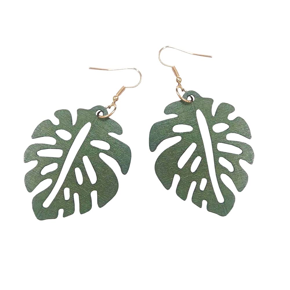 2 Pairs Natural Wooden Monstera Leaf Stud Earrings for Women - Tropical Plant Palm Leaf African Style Handmade Ethnic Jewelry - Perfect for Boho, Beach, and Summer Outfits