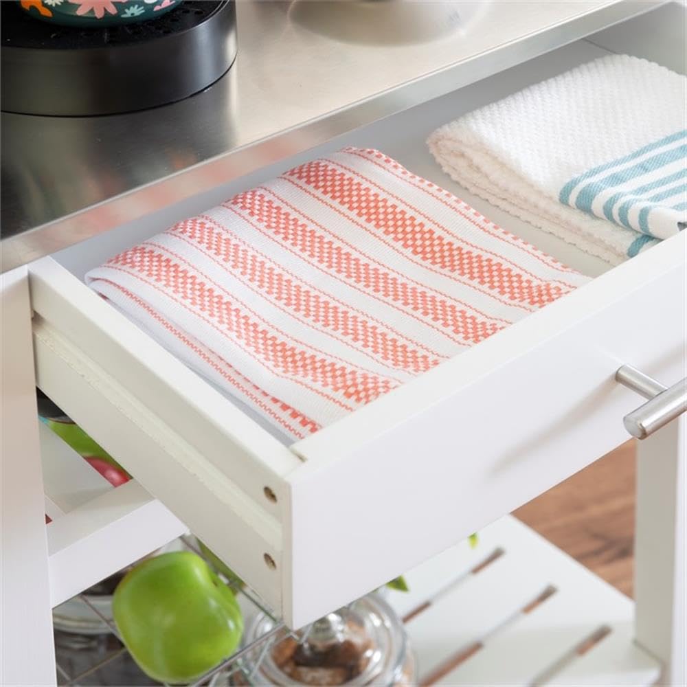 Linon Raven Stainless Steel Rolling Kitchen Island Cart with Wheels, Wine Rack, Pull-Out Drawer & Storage Basket - White | Mobile Microwave Stand for Small Spaces, Extra Counter Space & Kitchen Organization