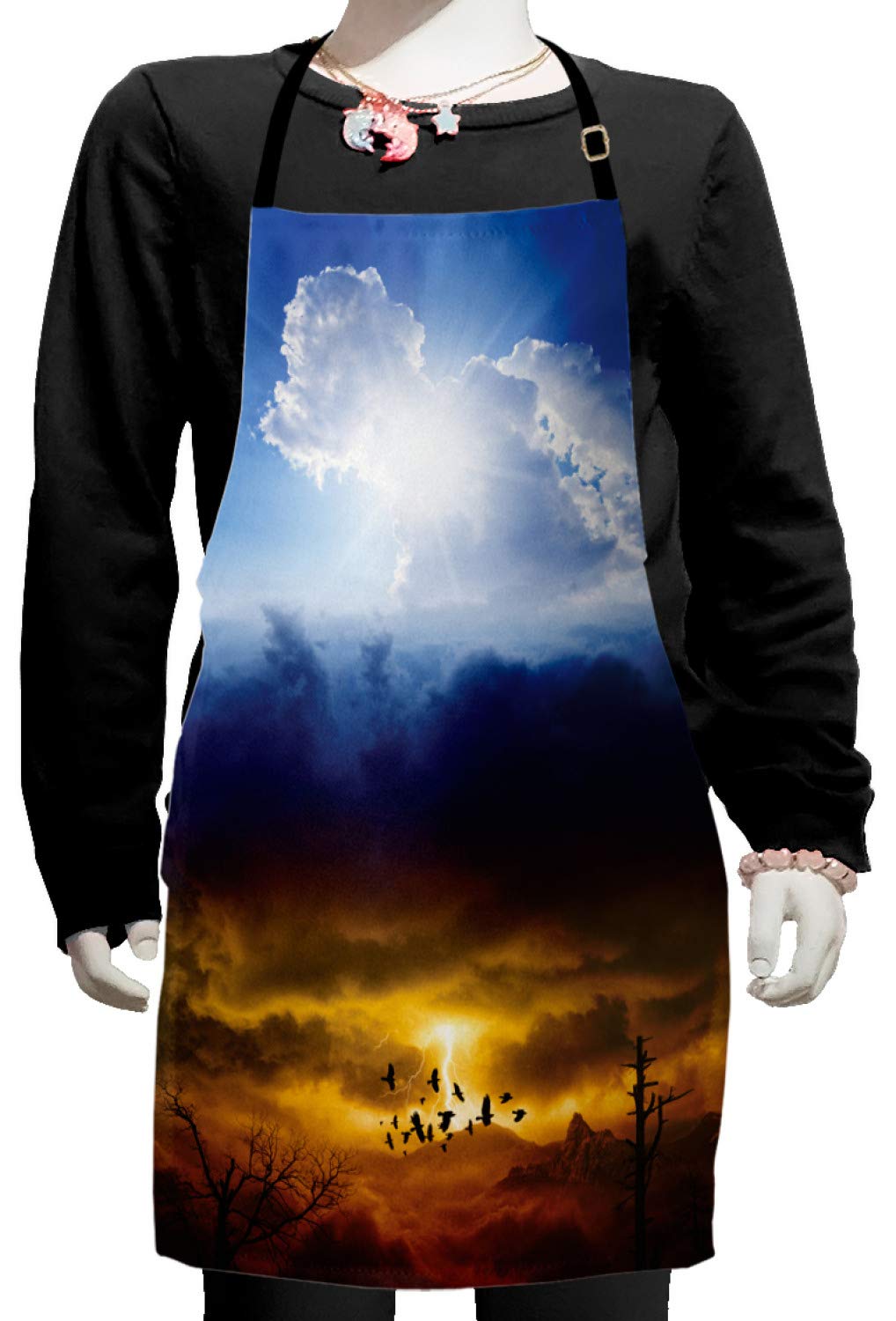Ambesonne Landscape Apron - Sun & Stormy Sky Design with Thunder Art - Adjustable Ties for Baking, Painting & Cooking - Small Size (Blue, Orange, Black) - Perfect for Home Chefs, Artists & Outdoor BBQ Parties