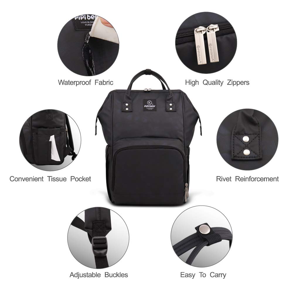Pipi Bear Waterproof Diaper Backpack - Large Capacity Baby Changing Bag with Organizer, Cool Nappy Tote for Travel & Outings (Black) | Perfect for Moms, Dads & Caregivers on the Go