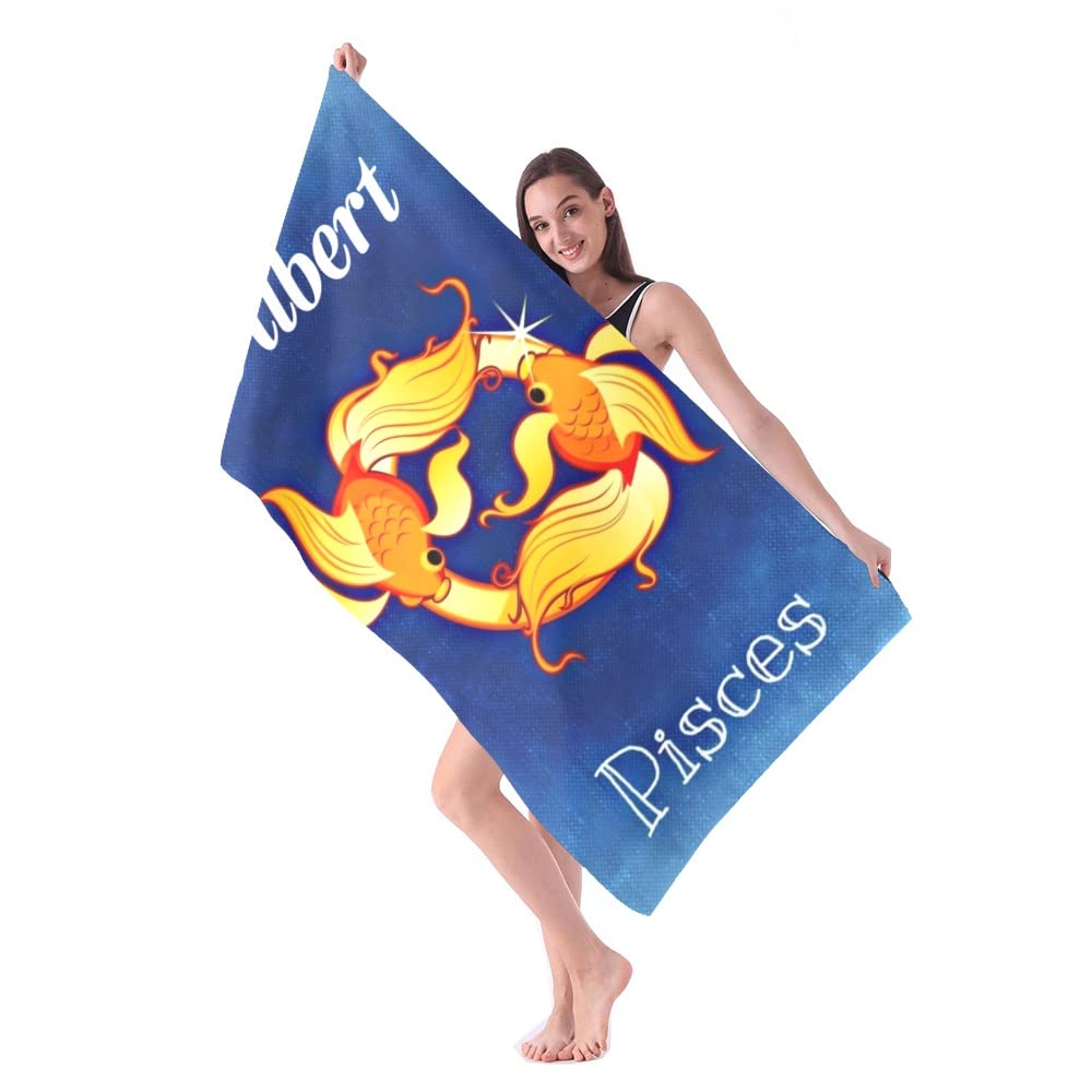 Custom Personalized Beach Towel with Name - Pisces Zodiac Design, Large 30x60 Inch Quick Dry Bath Towel for Pool, Beach, Sports & Birthday Gifts - Perfect for Summer Vacations, Swimming, Yoga and Outdoor Activities