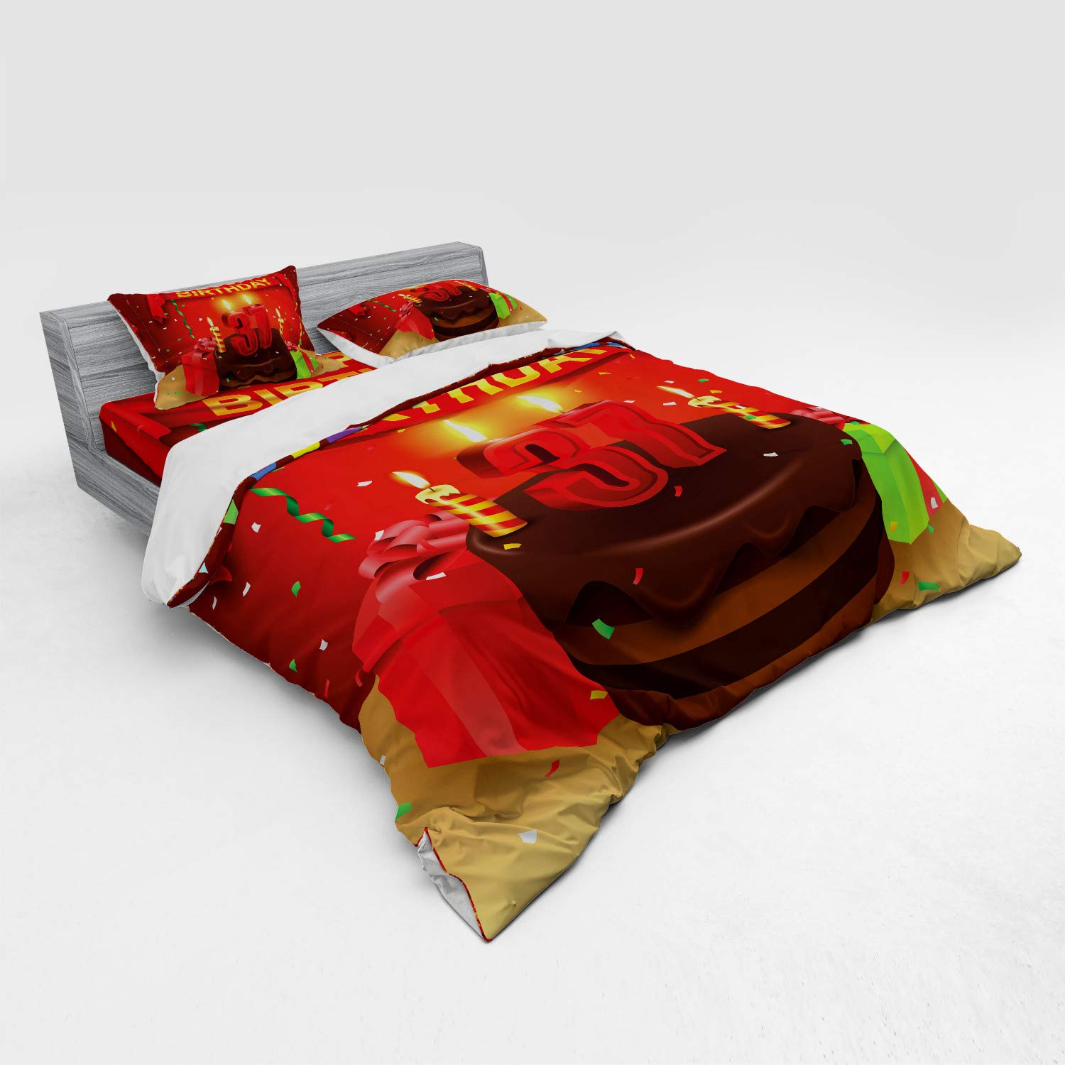 Ambesonne 37th Birthday Bedding Set - King Size 4-Piece Duvet Cover with Shams & Fitted Sheet - Chocolate Cake, Balloons, Candles Design - Perfect for Birthday Gifts & Themed Bedroom Decor