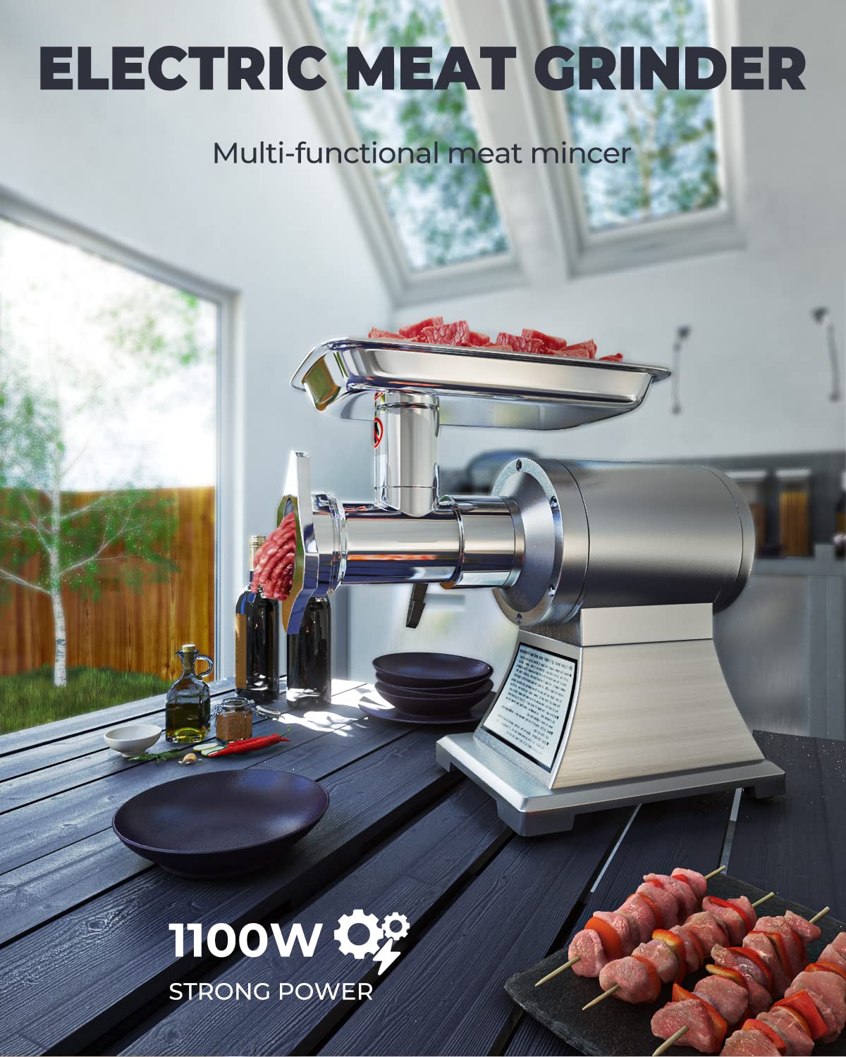 1100W Electric Meat Grinder - 3-in-1 Heavy Duty Meat Mincer & Sausage Stuffer with 2 Grinding Plates, 3 Sausage Tubes & Kubbe Kit - Stainless Steel Food Grinder for Home Kitchen & Commercial Use - Perfect for Ground Beef, Sausage Making & Food Prep